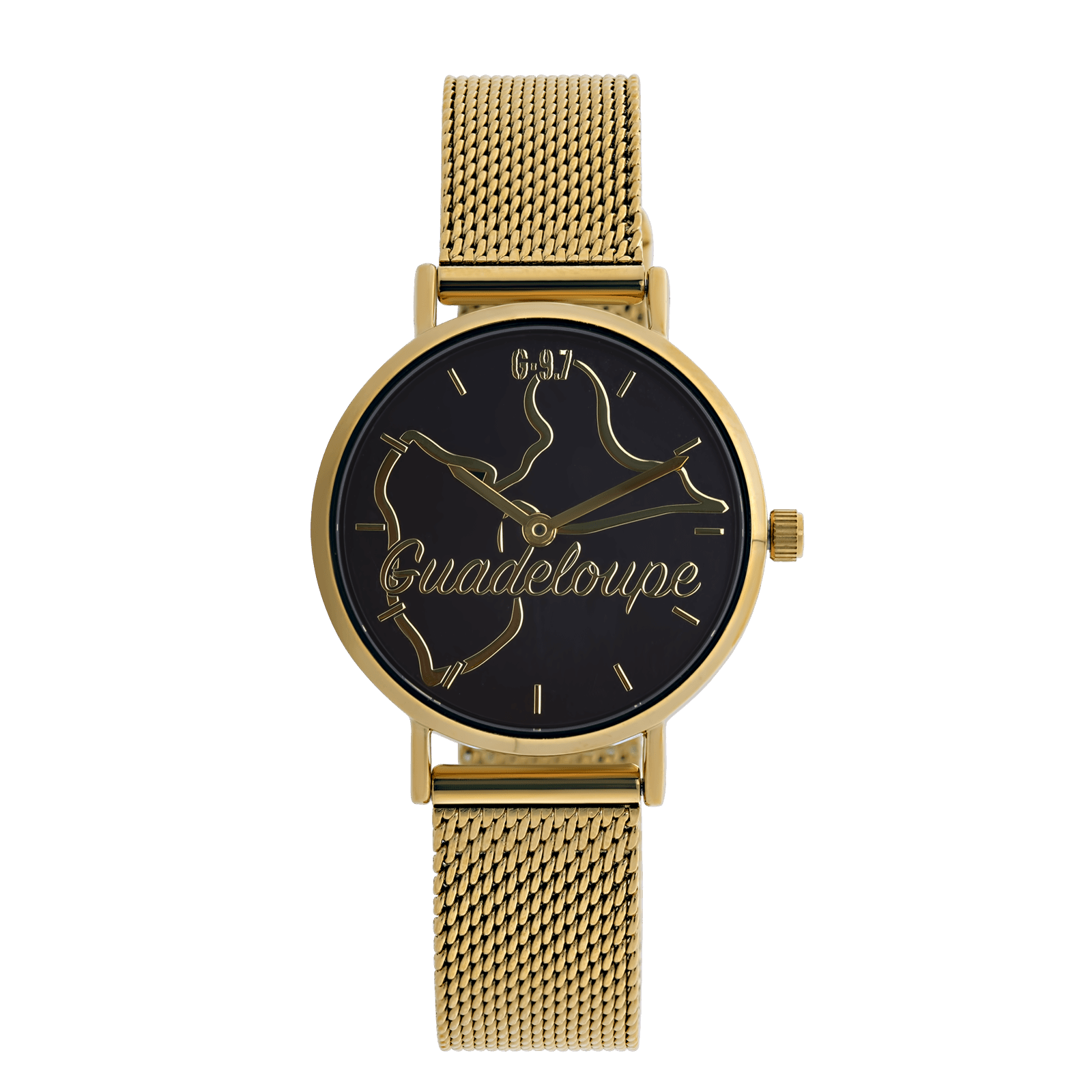 Montre Femme G97 Cadran Noir, Style Guadeloupe, Brac Mesh Doré, 3ATM.