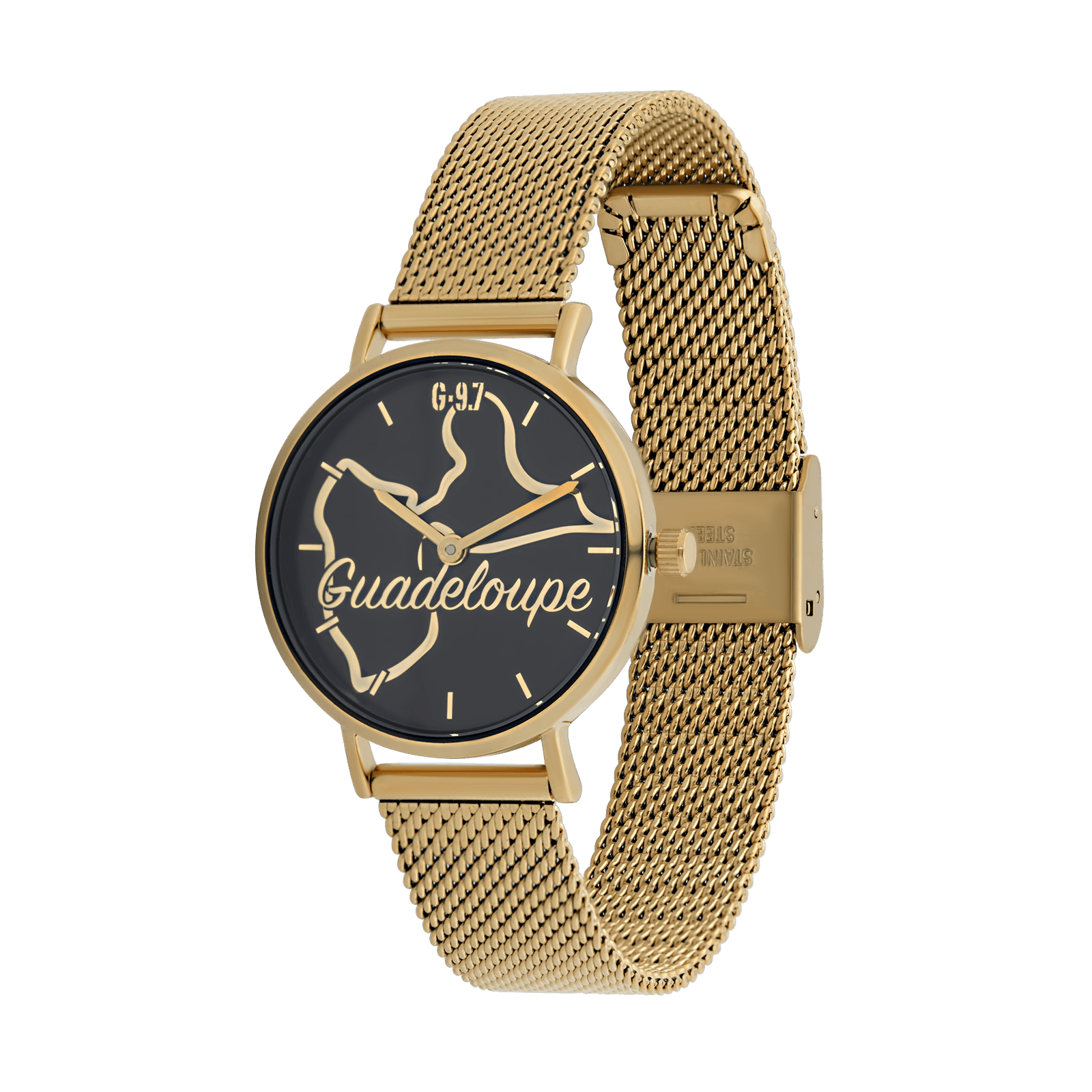 Montre Femme G97 Cadran Noir, Style Guadeloupe, Brac Mesh Doré, 3ATM.