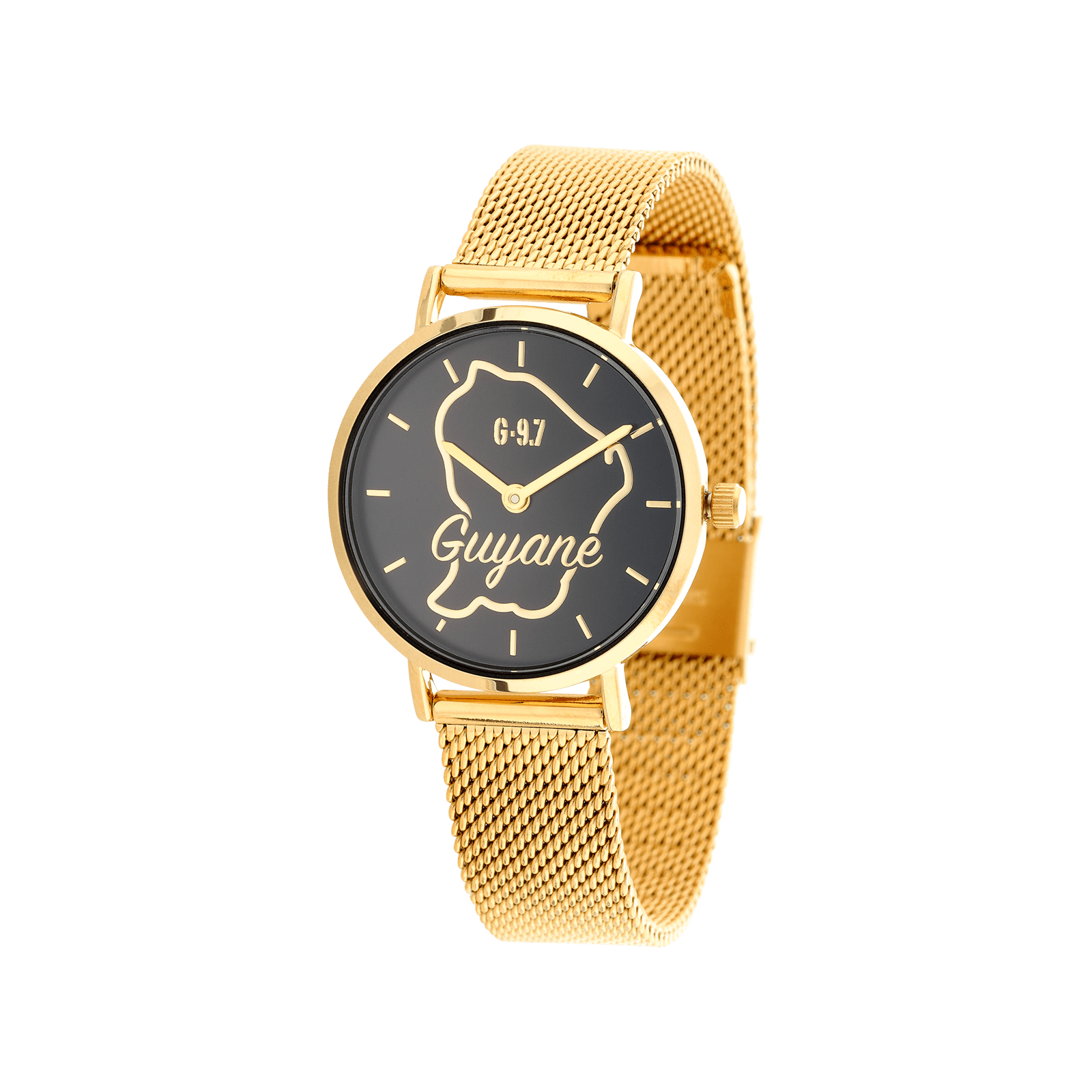montre homme g97 bracelet maille milanaise acier doré cadran noir carte guyane détouree 3 atm