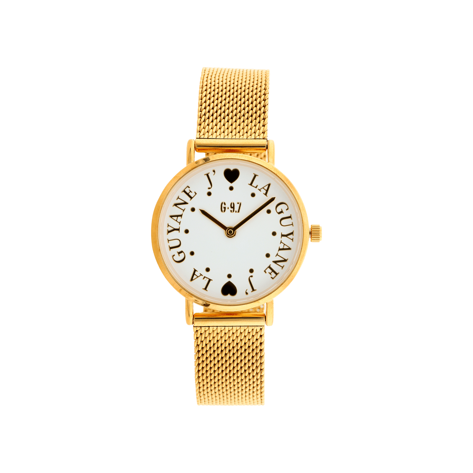 montre homme g97 bracelet maille milanaise acier doré cadran blanc coeur la guyane 3 atm
