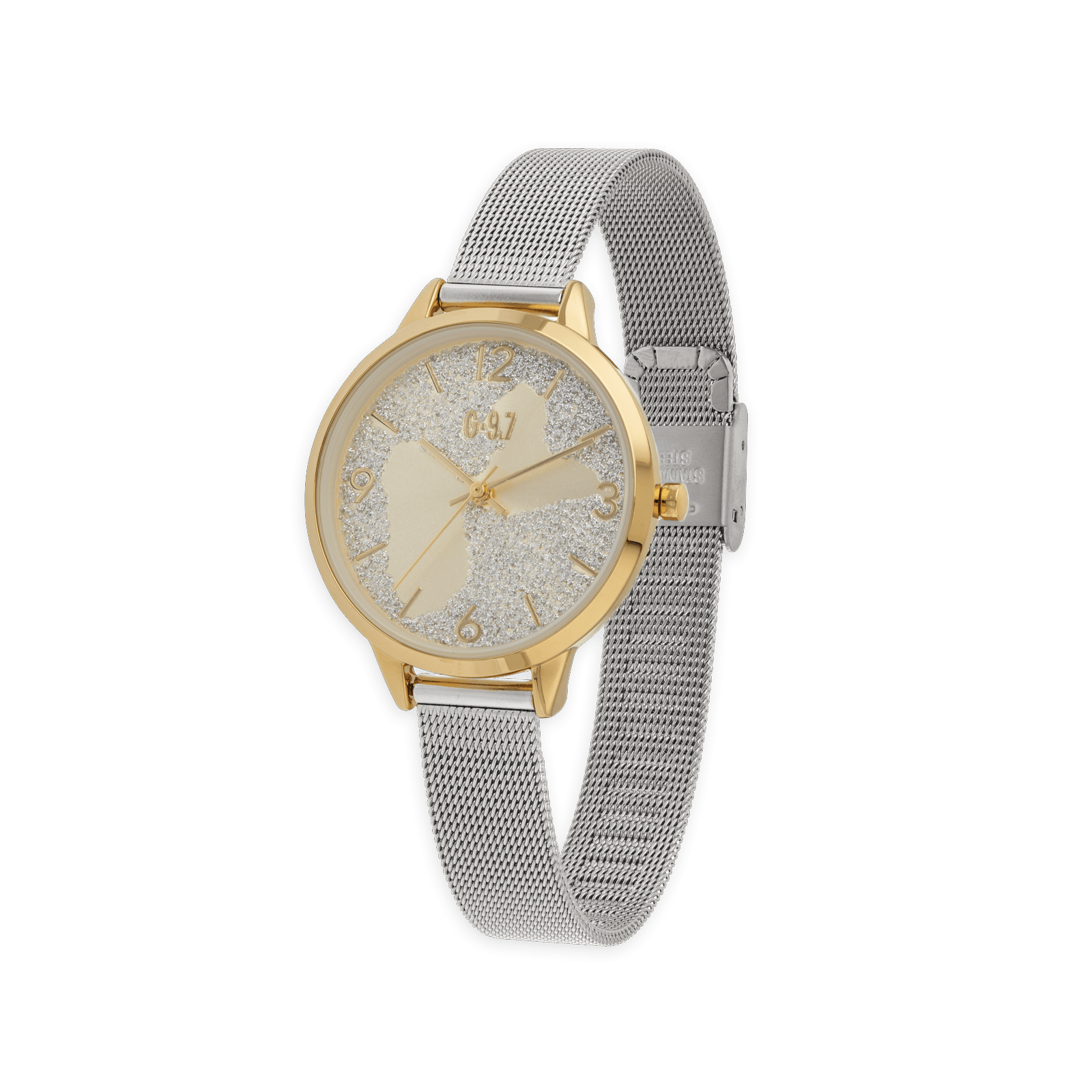 montre femme g97 cadran doré argenté carte guadeloupe bracelet mesh
