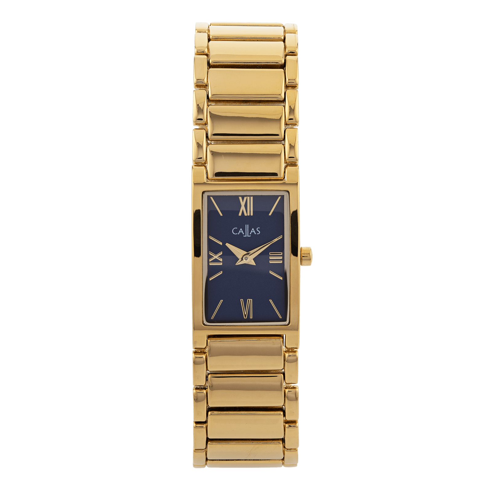 montre dame callas bracelet métal acier doré boîte rectangle acier doré cadran bleu 3 atm