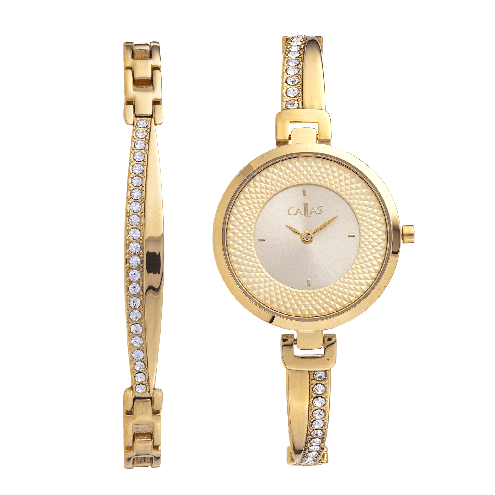 montre dame set callas et bracelet acier doré et pierres cadran doré 3 atm