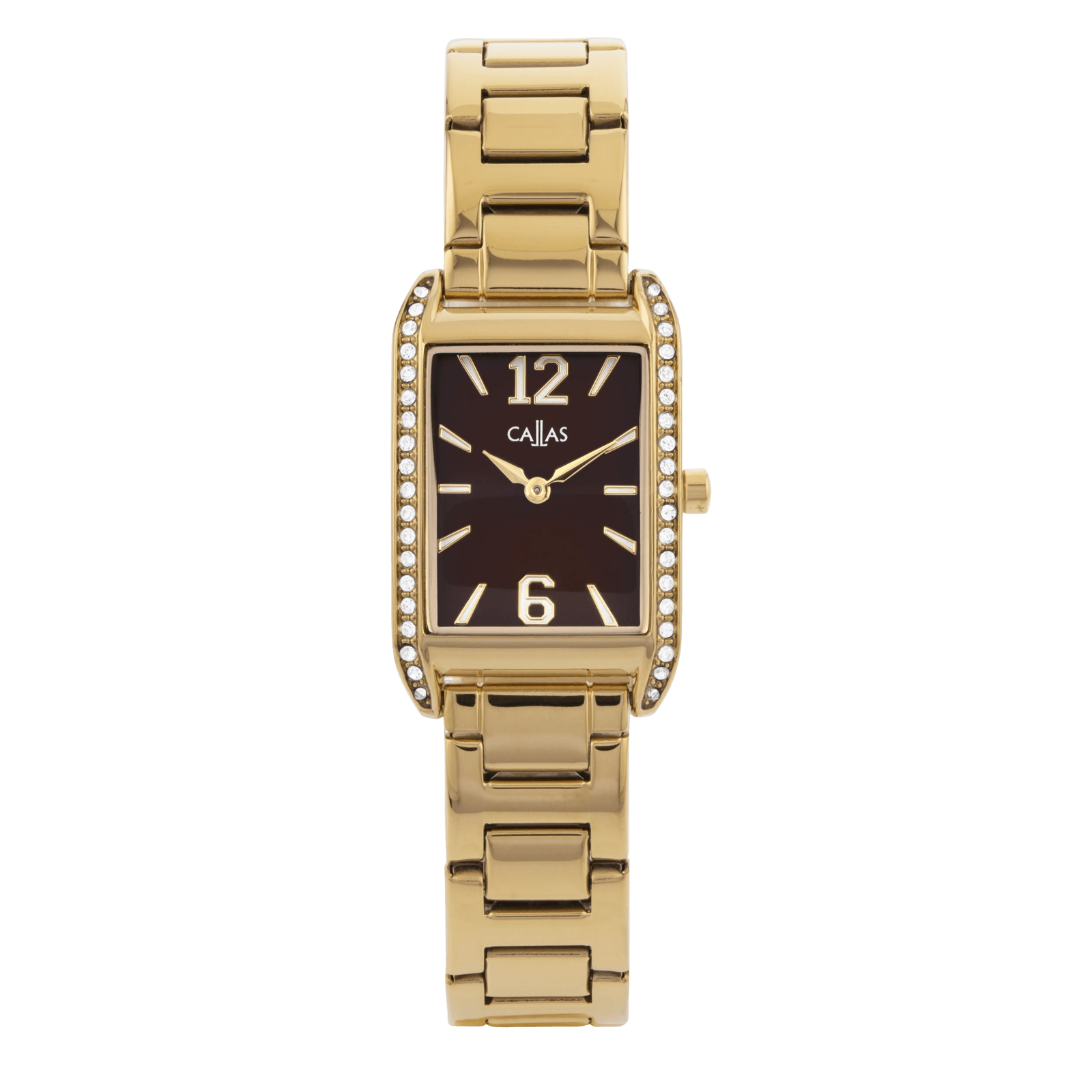 montre dame callas bracelet métal acier doré boîtier rectangle acier doré et pierres cadran chocolat 3 atm