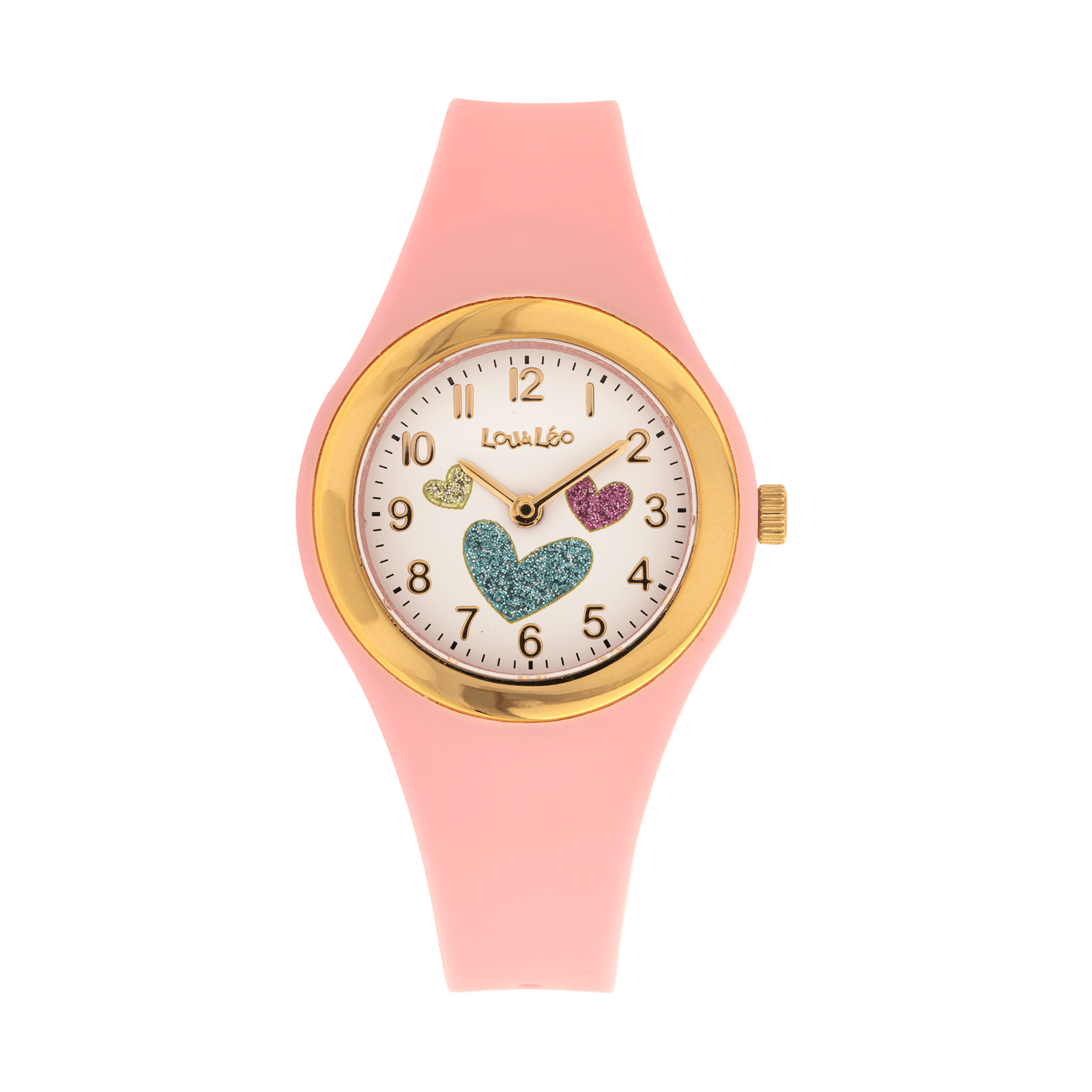 Montre Lou & Leo boîte dorée bracelet plastique rose et coeurs paillettes 3 atmosphères