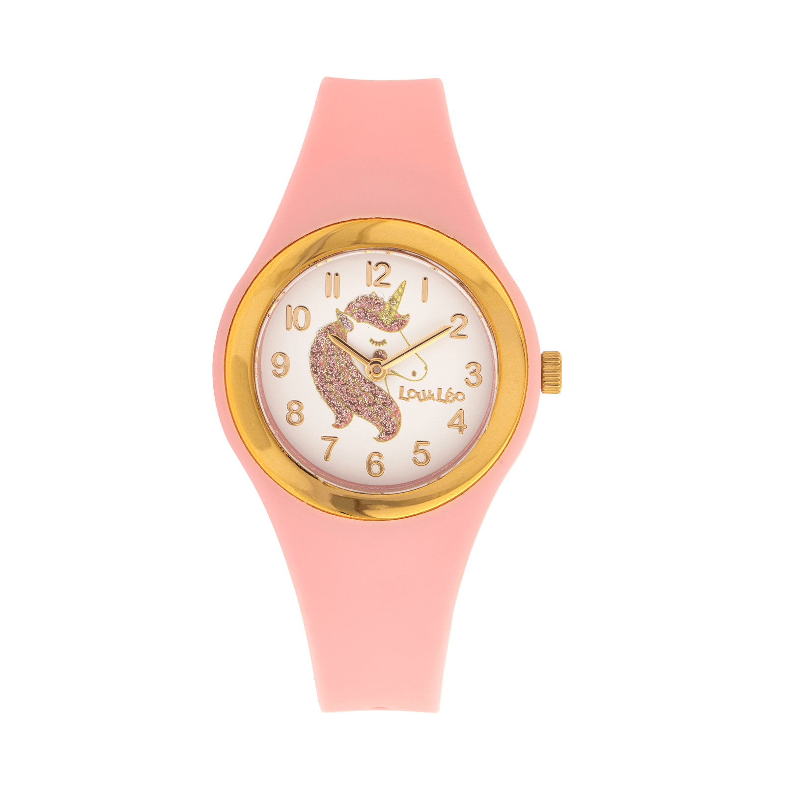 montre lou&leo boite doree bracelet plastique rose et licorne paillettes 3 atmosphères