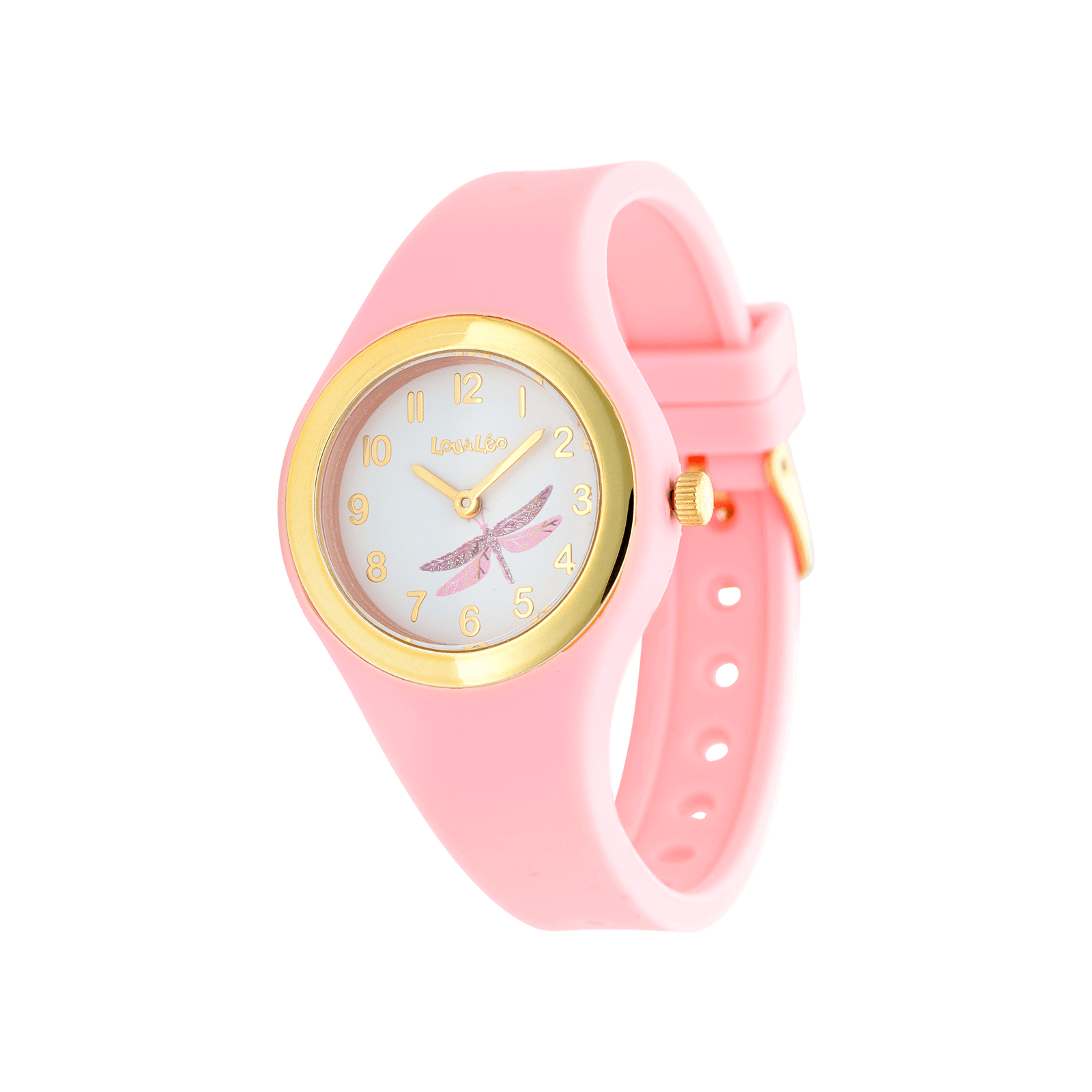 Montre Lou & Leo boîte dorée bracelet plastique rose et libellule paillettes 3 atmosphères