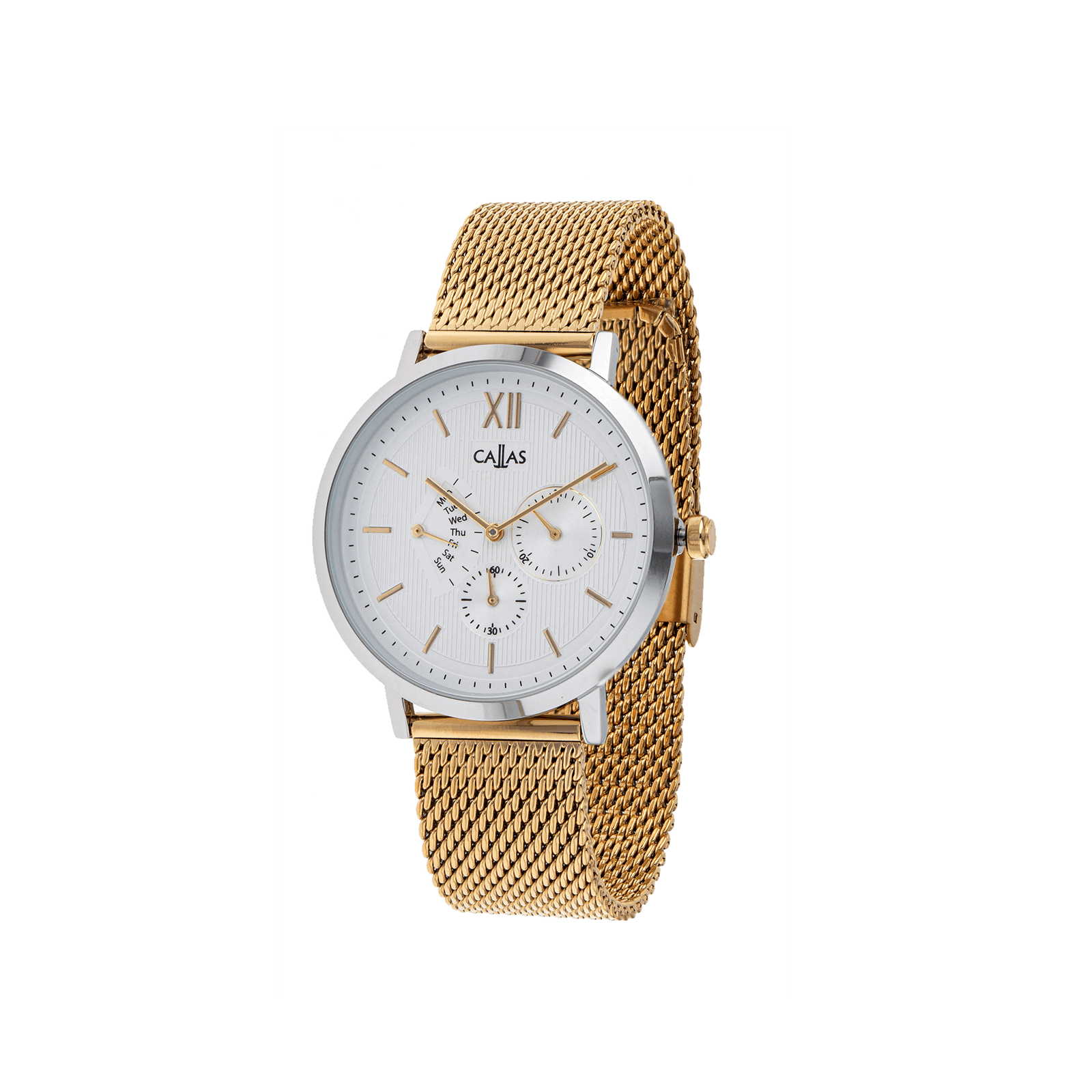 montre homme callas métal ion plating silver et acier doré cadran blanc 3 atm