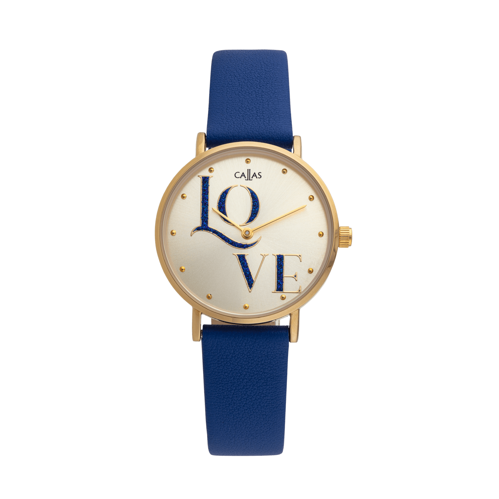 montre dame callas bracelet cuir bleu cadran doré love 3 atm