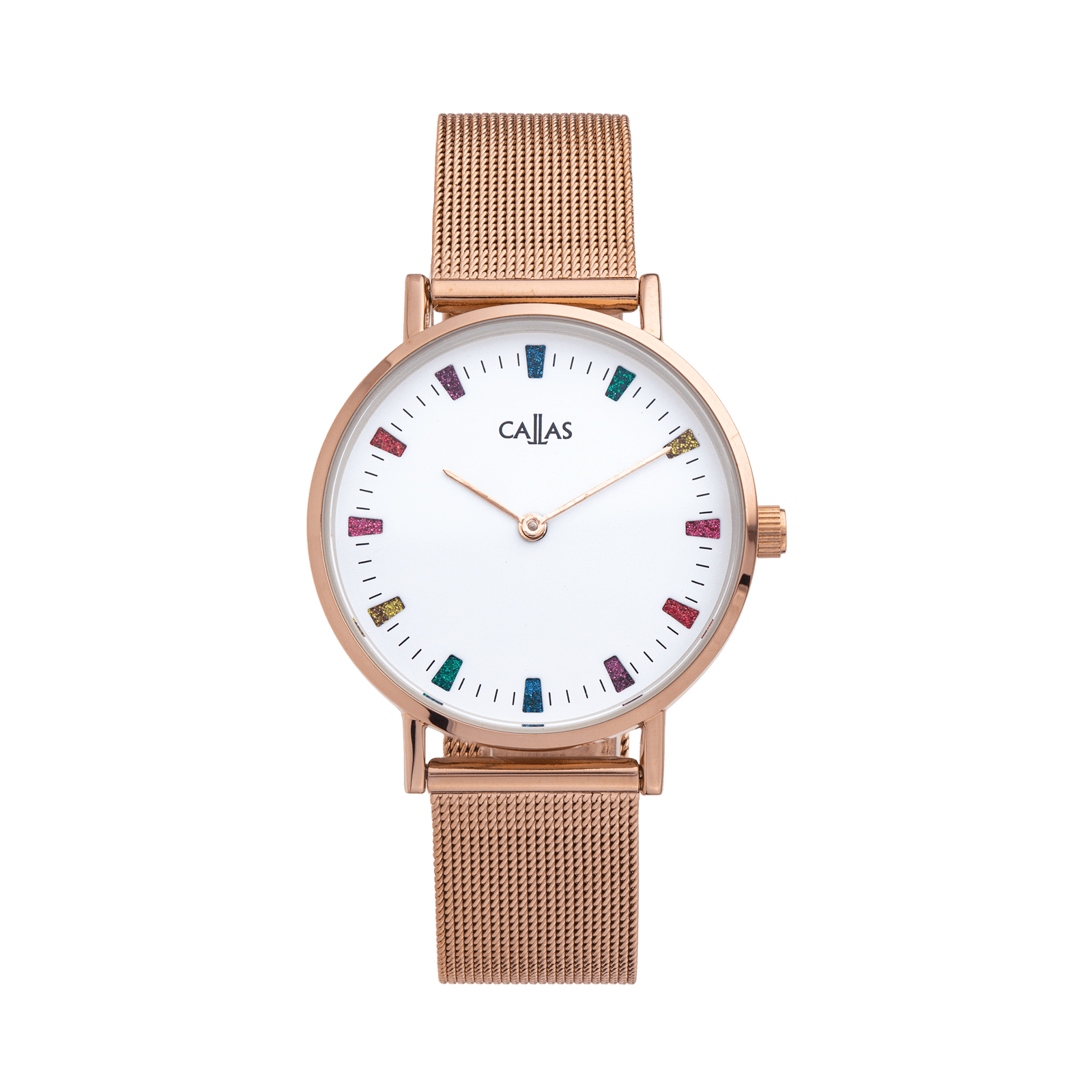 montre dame callas bracelet maille milanaise ion plating rose cadran blanc index multicolores 3 atm