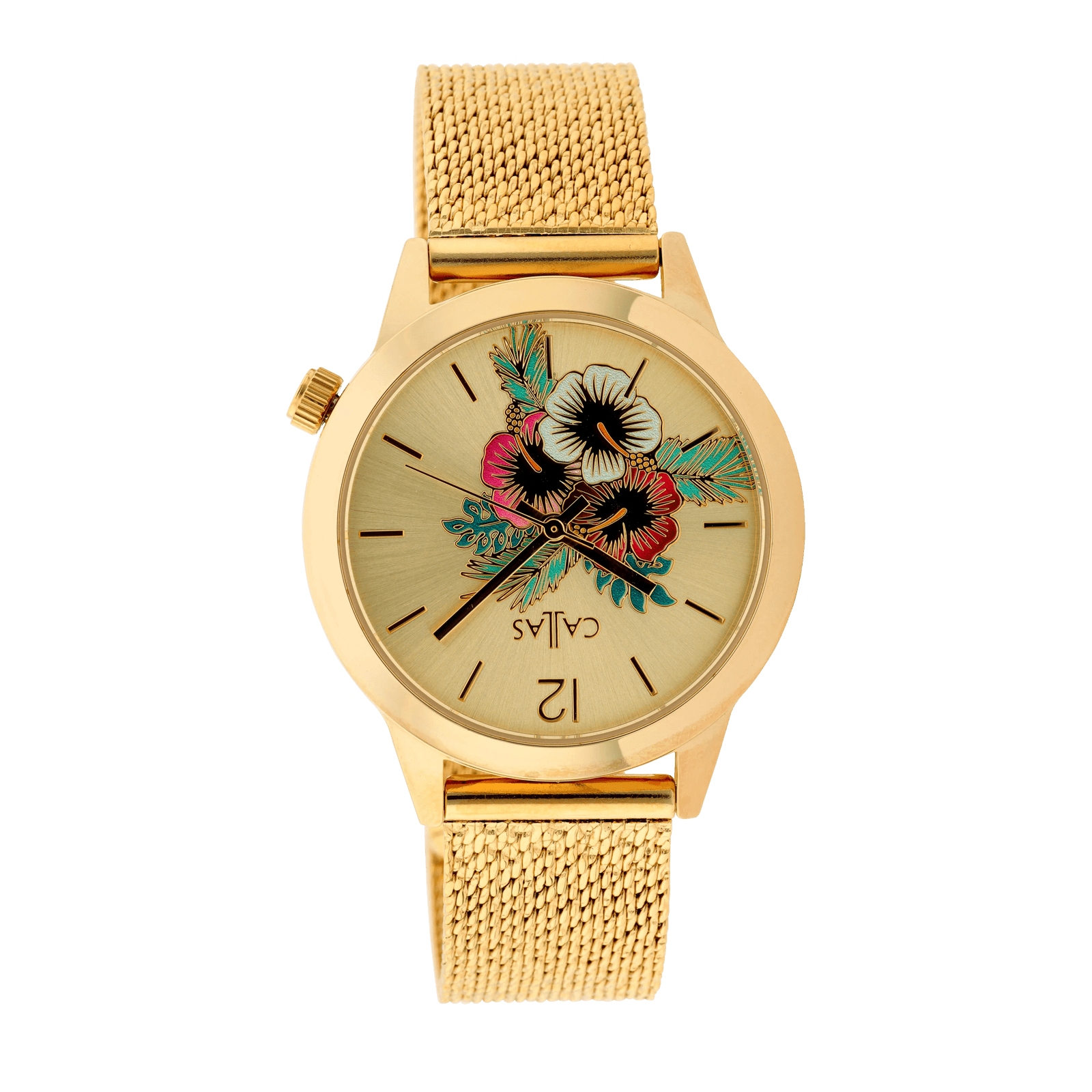 montre callas 34mm bracelet alliage acier doré boîte doré cadran gold sunray et fleur couleur 3 atm
