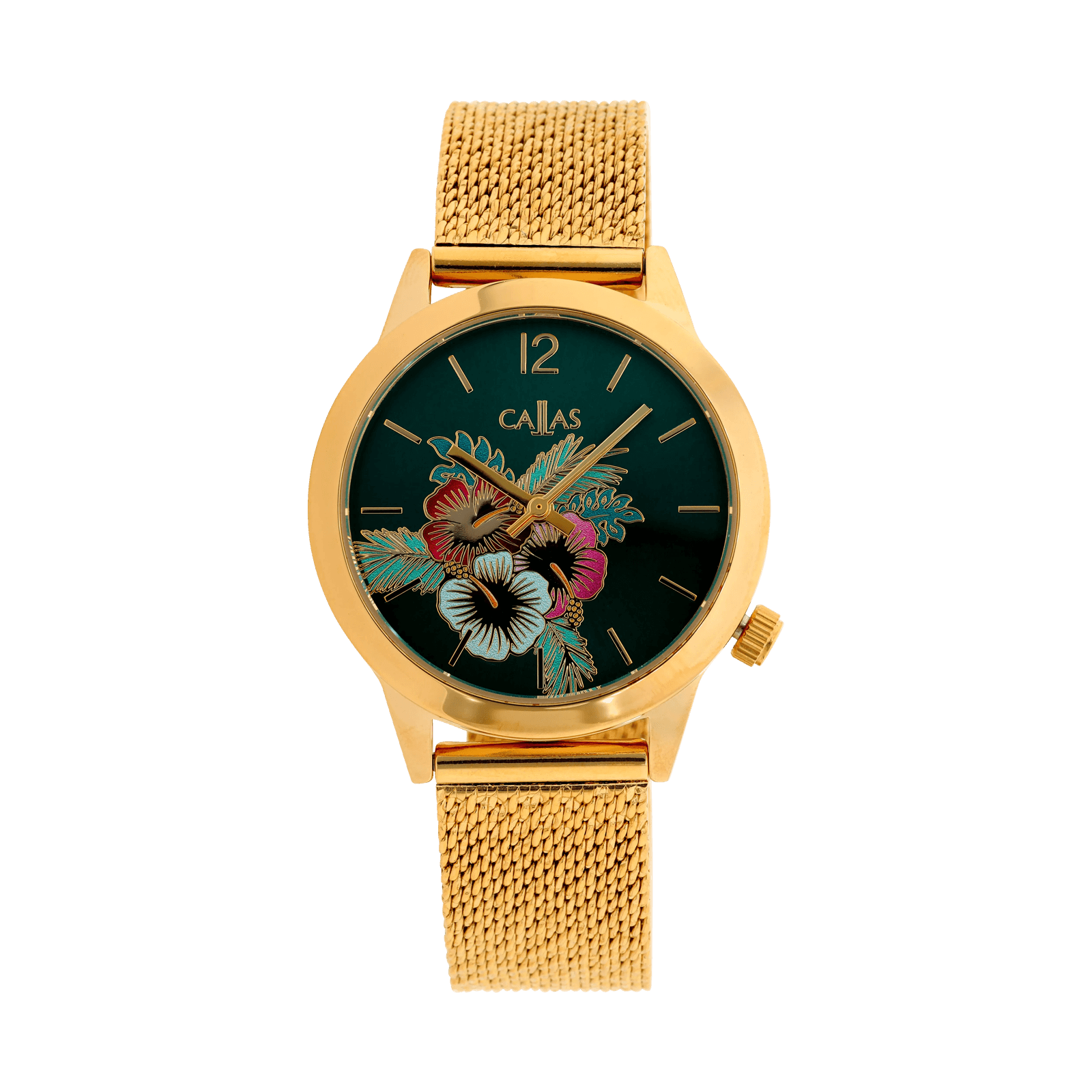 montre callas 34mm bracelet alliage acier doré boîte doré cadran vert sunray et fleur couleur 3 atm