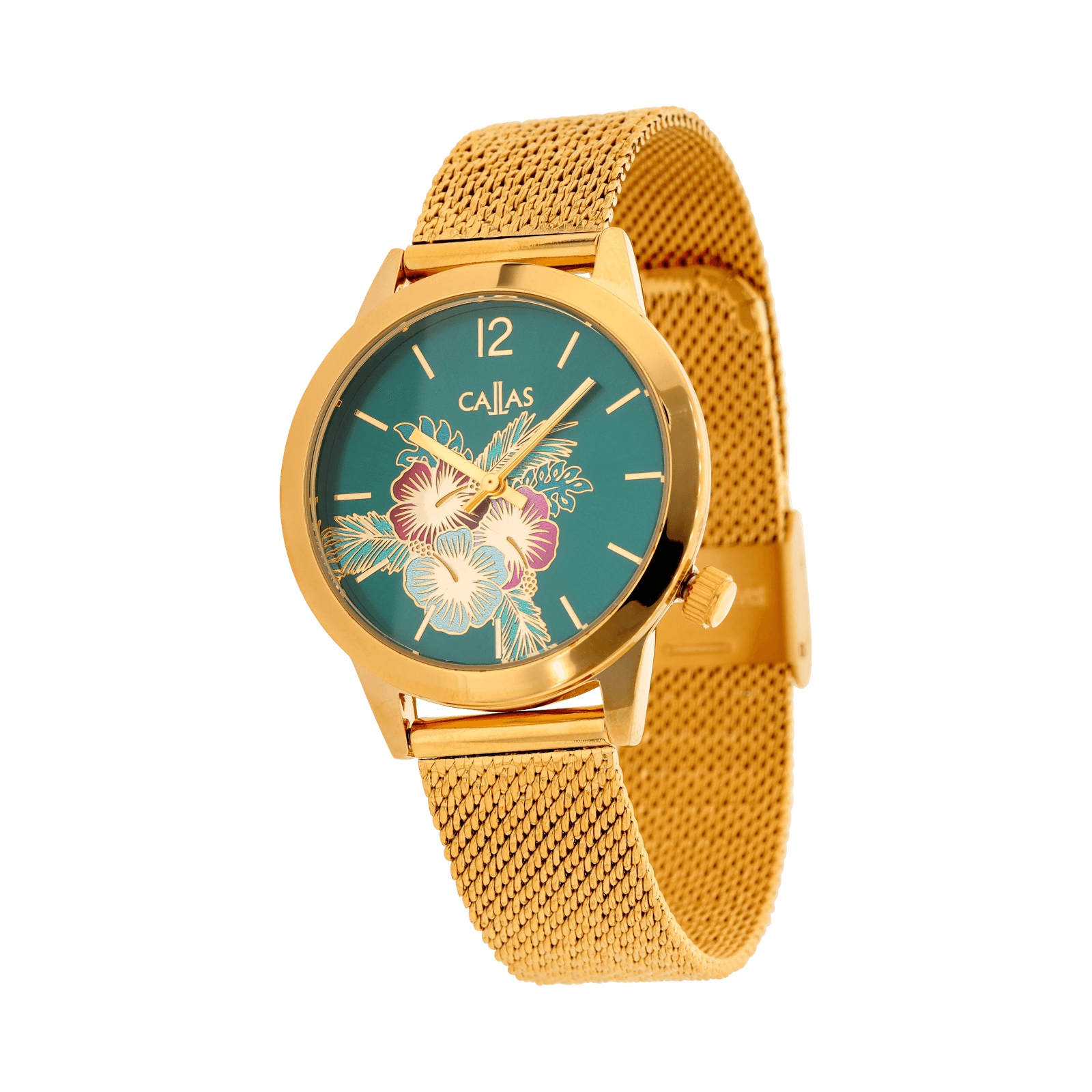 montre callas 34mm bracelet alliage acier doré boîte doré cadran vert sunray et fleur couleur 3 atm