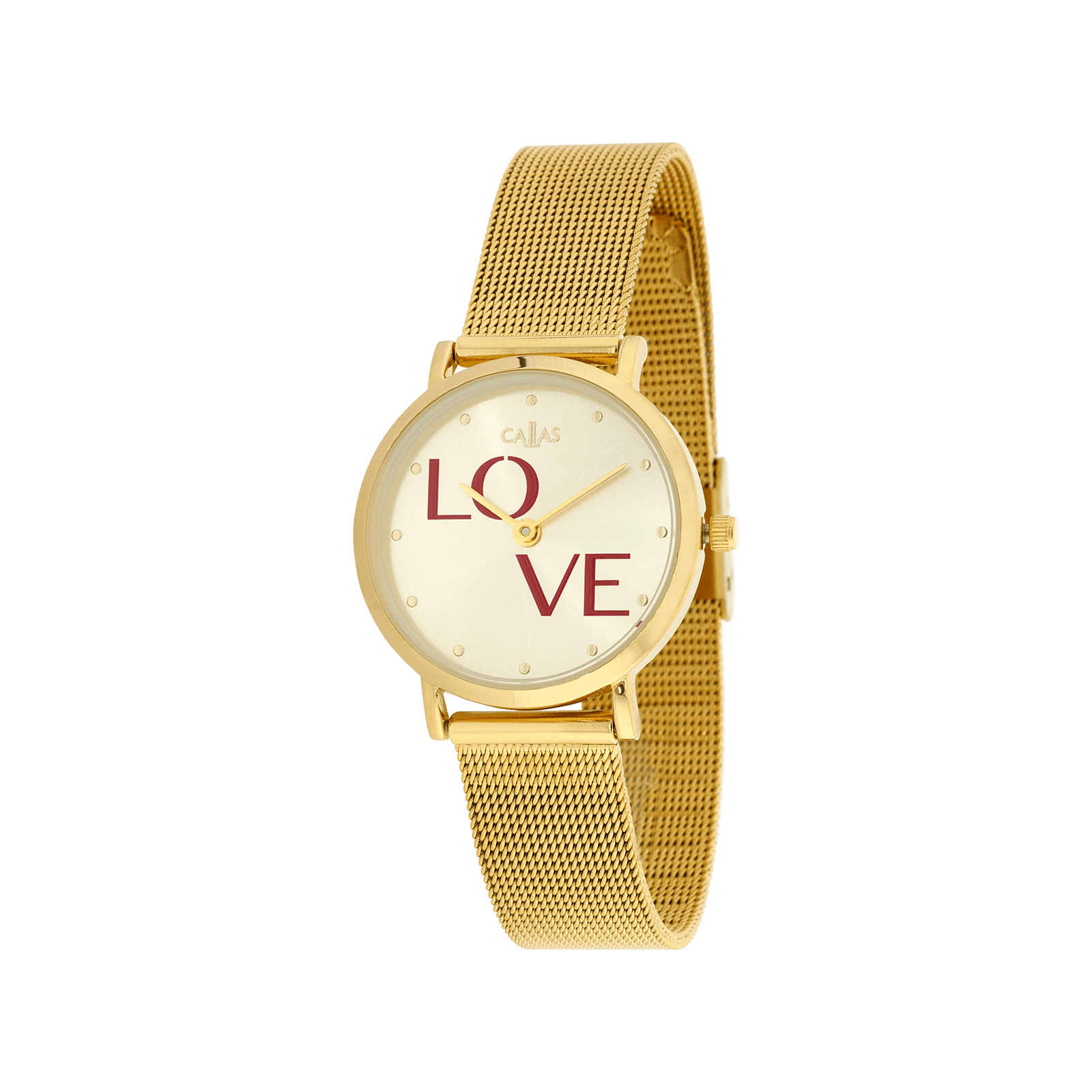Montre Callas 29 millimètres Bracelet maille milanaise Acier doré cadran champagne sunray Love rouge 3 atmosphères