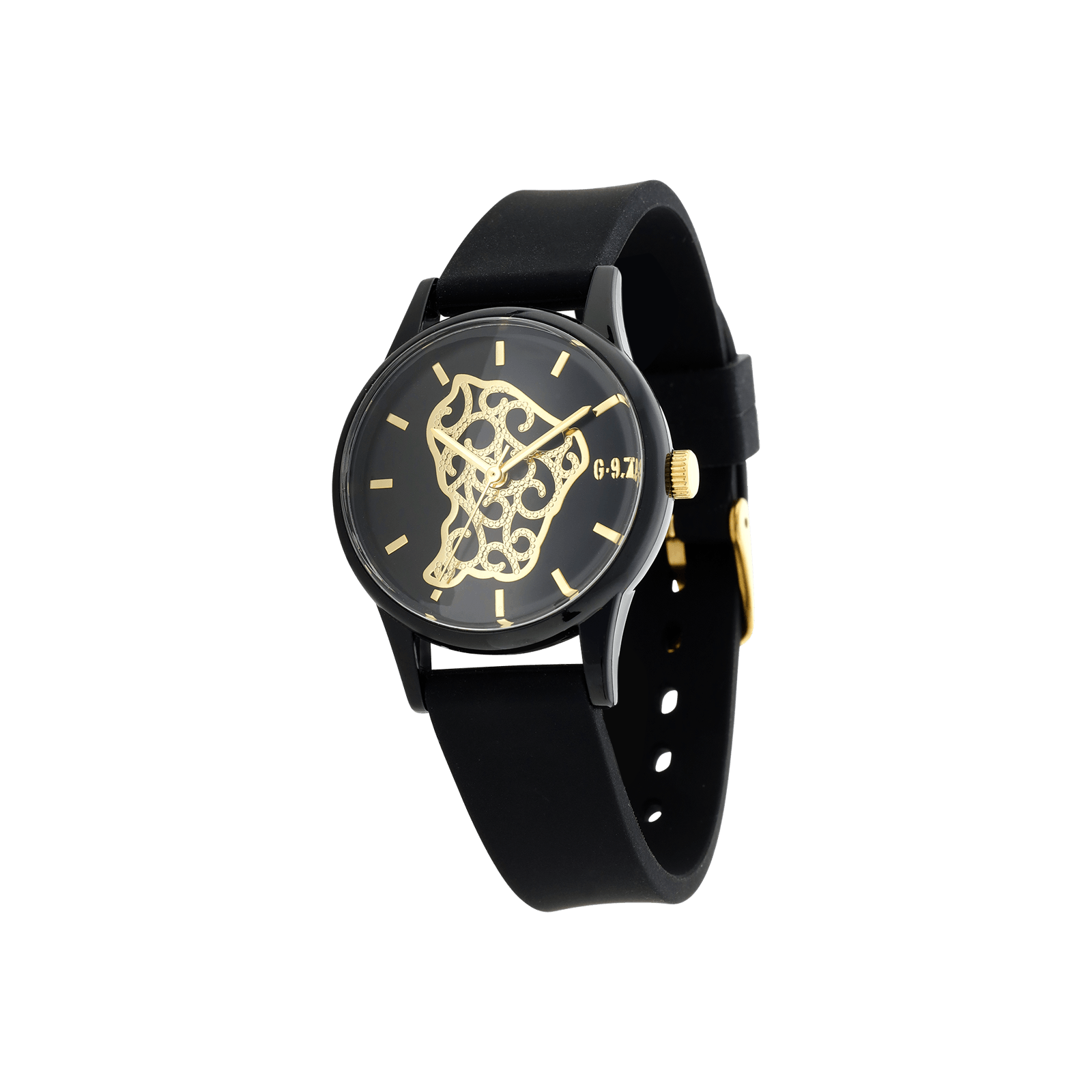 Montre G97 plastique noir 33mm cadran noir et carte Guyane filigrane Acier doré 5 atm