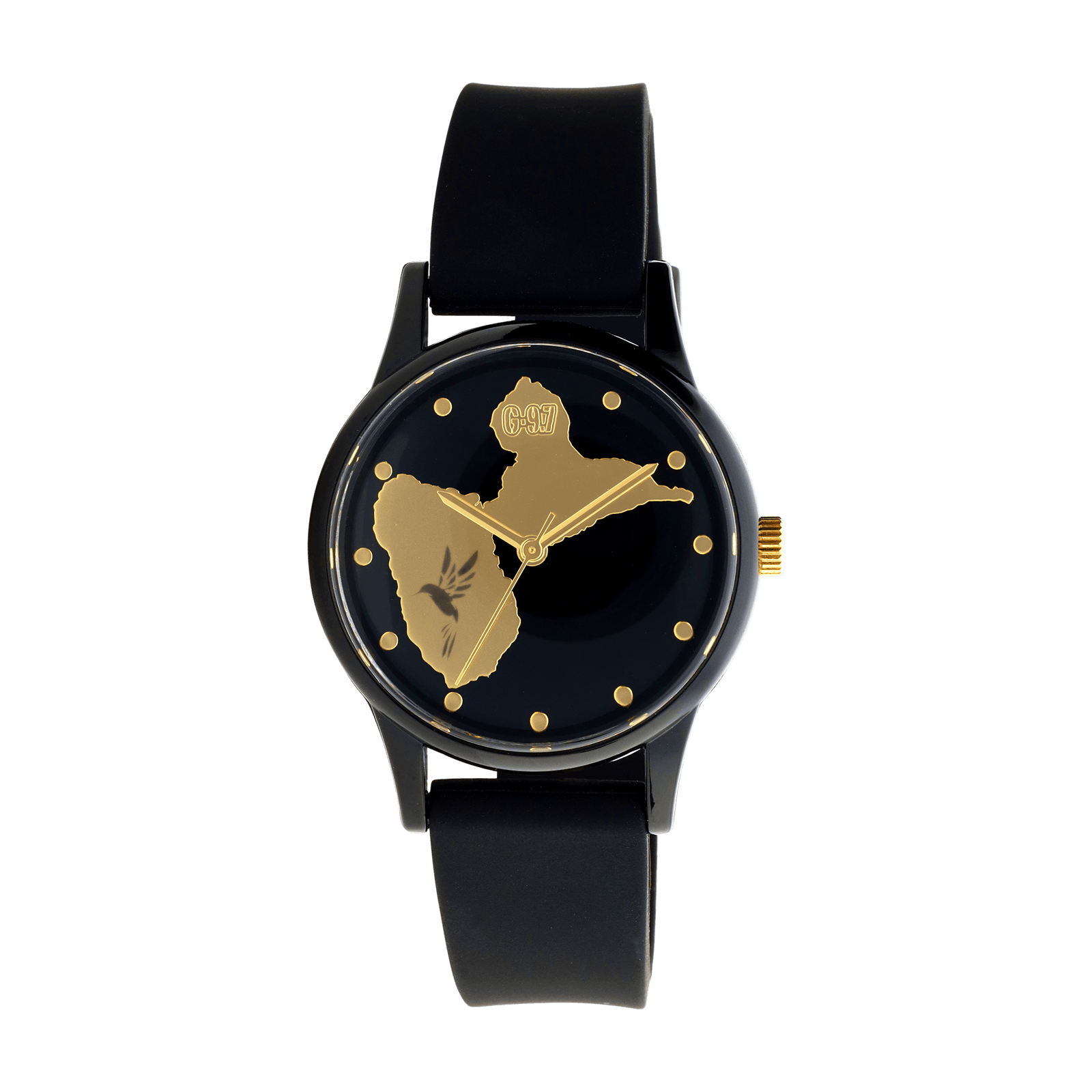 Montre Unisexe G97 33mm Cadran Noir Carte Guadeloupe Doré Bracelet Plastique Noir 16mm 5ATM