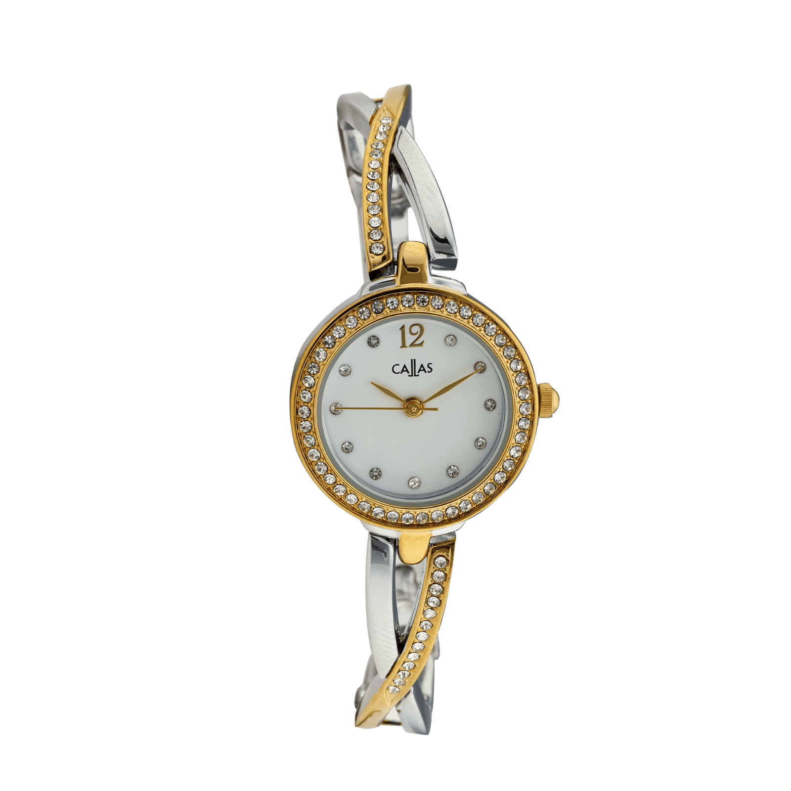 montre dame callas 24mm métal bicolore ion plating silver/acier doré serti oxyde de zirconium cadran blanc 5 atm