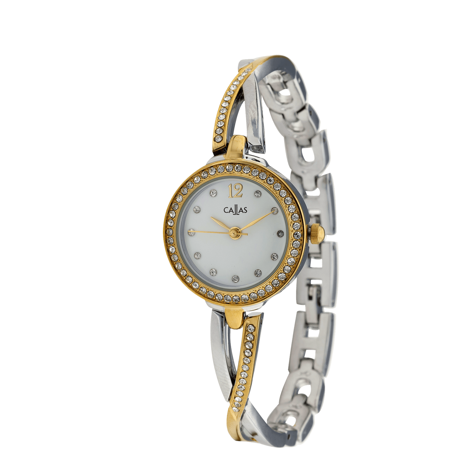 montre dame callas 24mm métal bicolore ion plating silver/acier doré serti oxyde de zirconium cadran blanc 5 atm