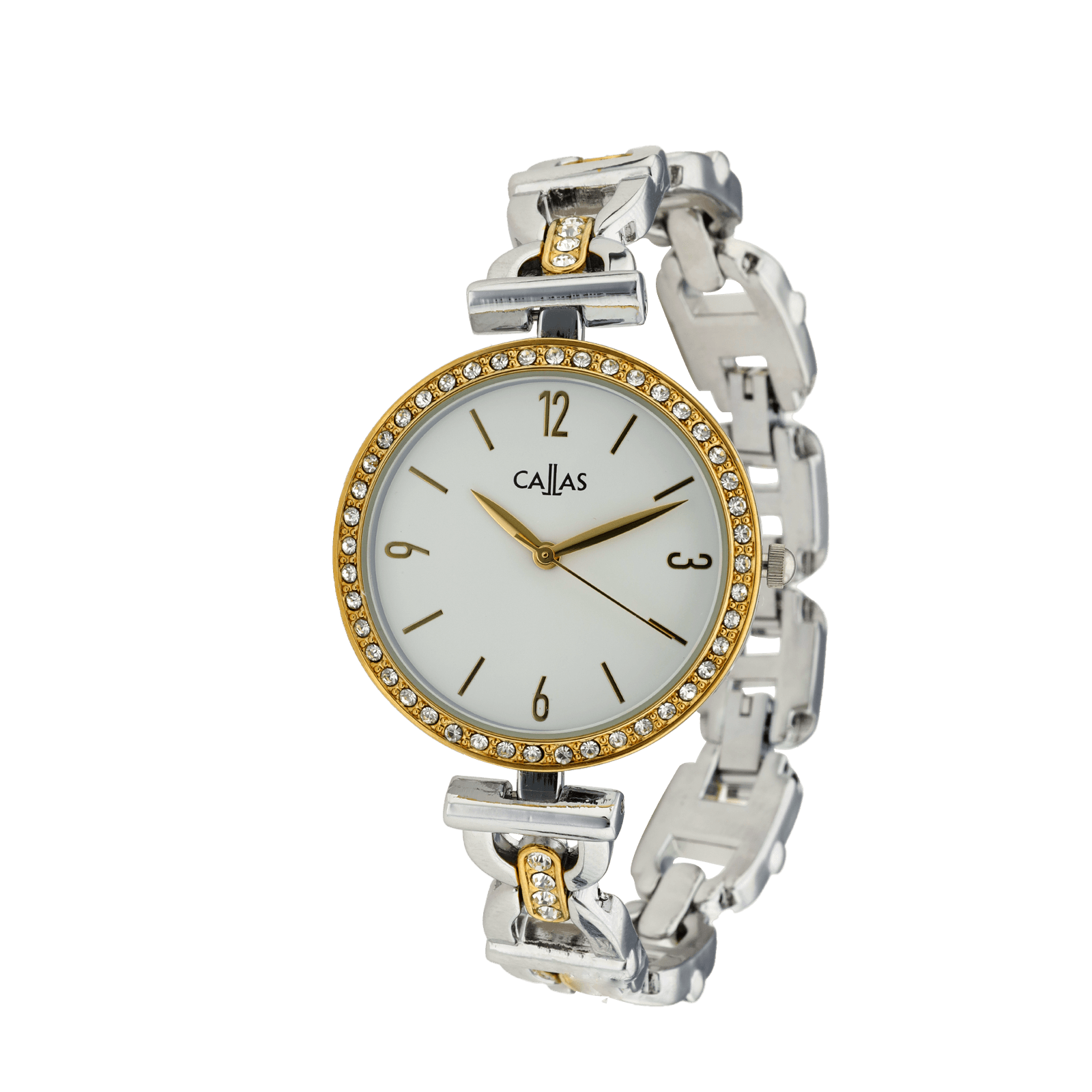 montre dame callas 33mm métal bicolore ion plating silver/acier doré serti cadran blanc 5 atm
