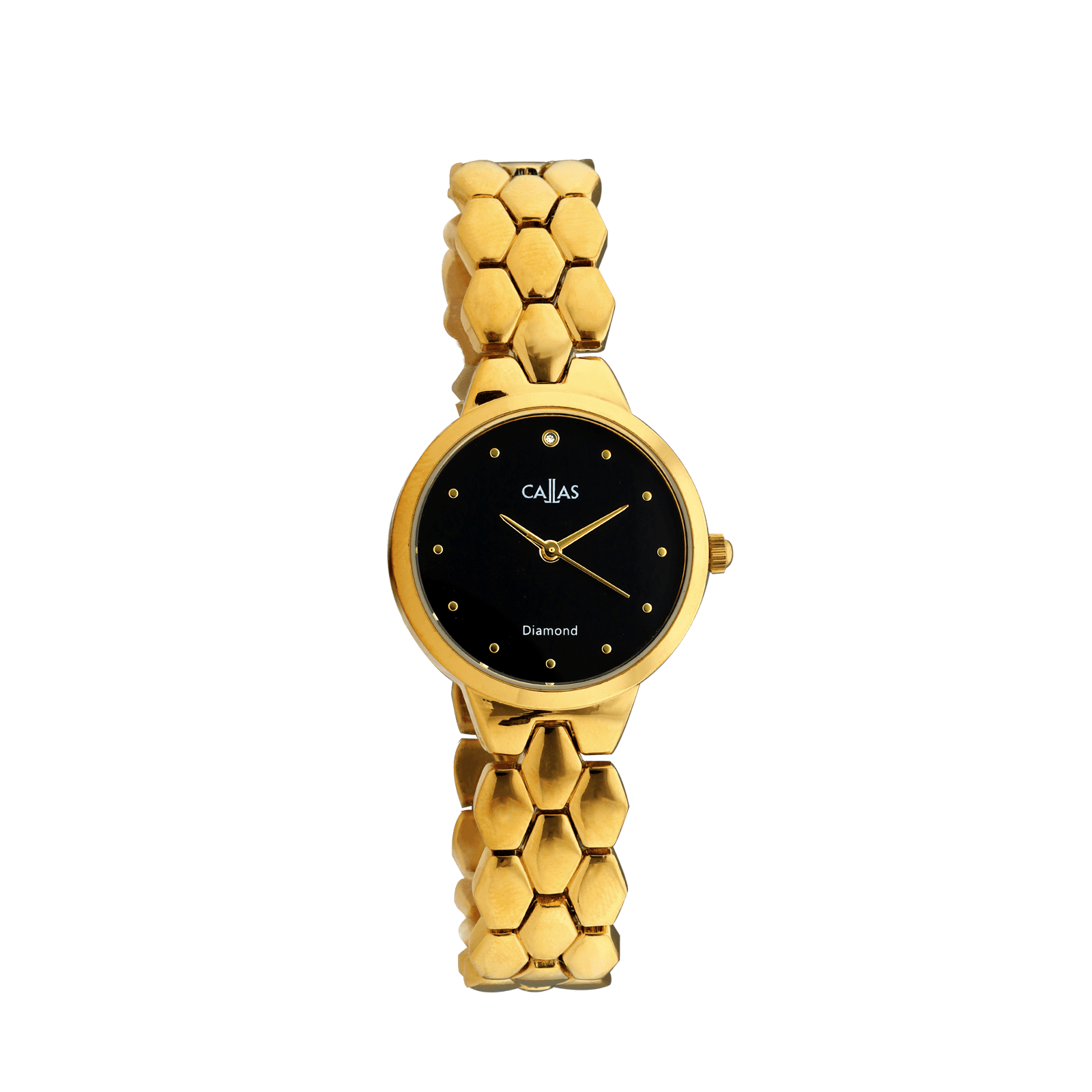 montre dame callas 28mm bracelet métal acier doré cadran noir 1 index diamant 3 atm