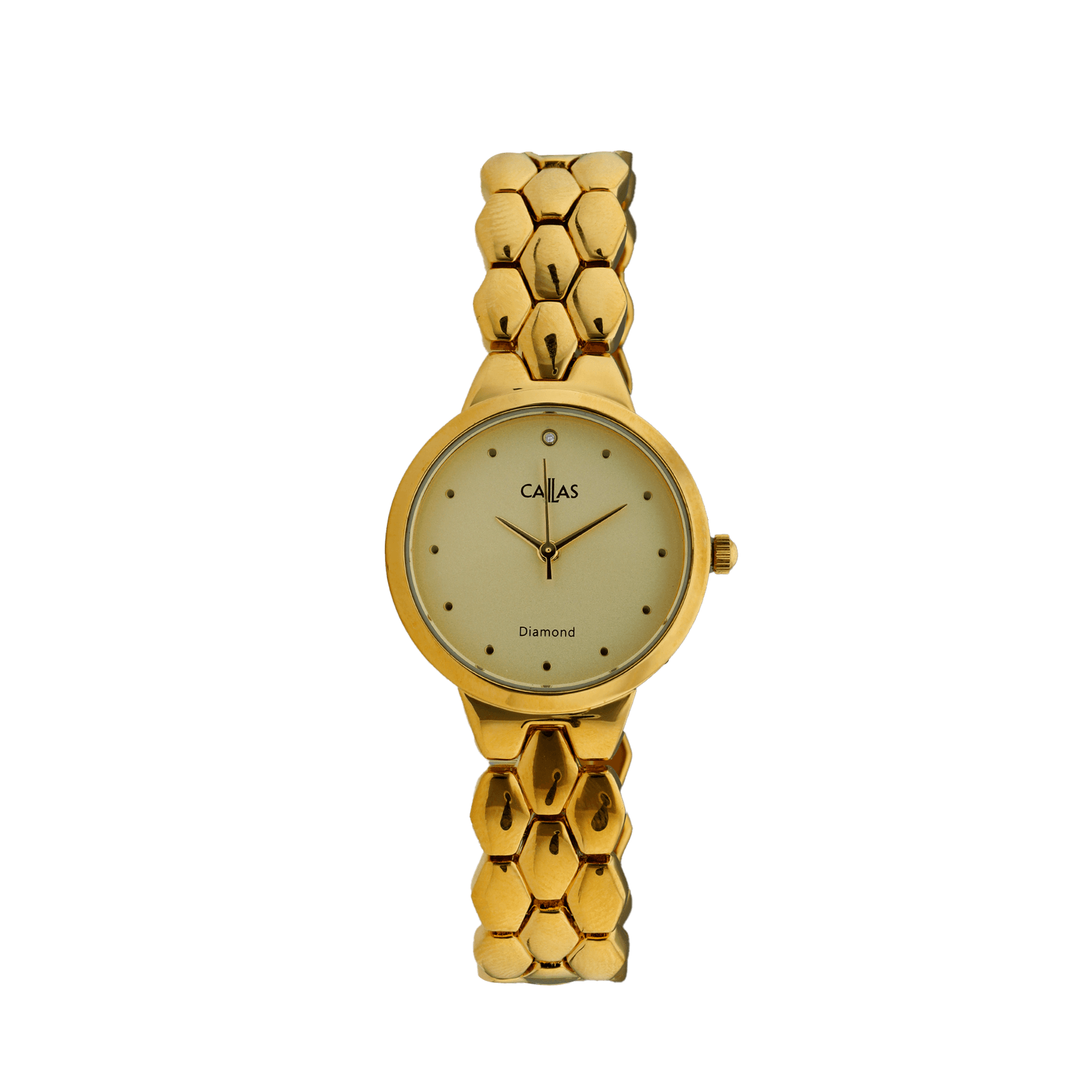 montre dame callas 28mm bracelet métal acier doré cadran champagne 1 index diamant 3 atm
