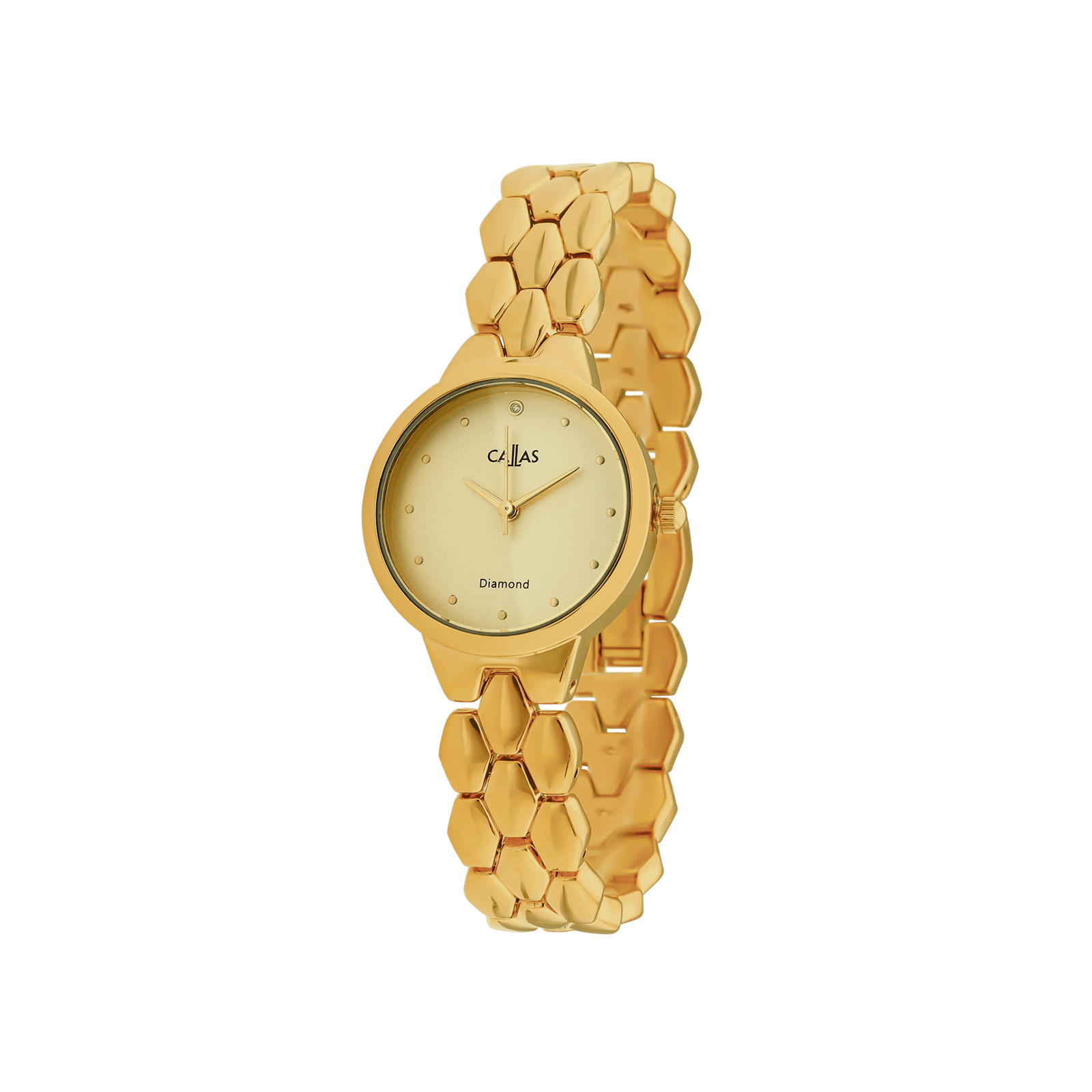 montre dame callas 28mm bracelet métal acier doré cadran champagne 1 index diamant 3 atm