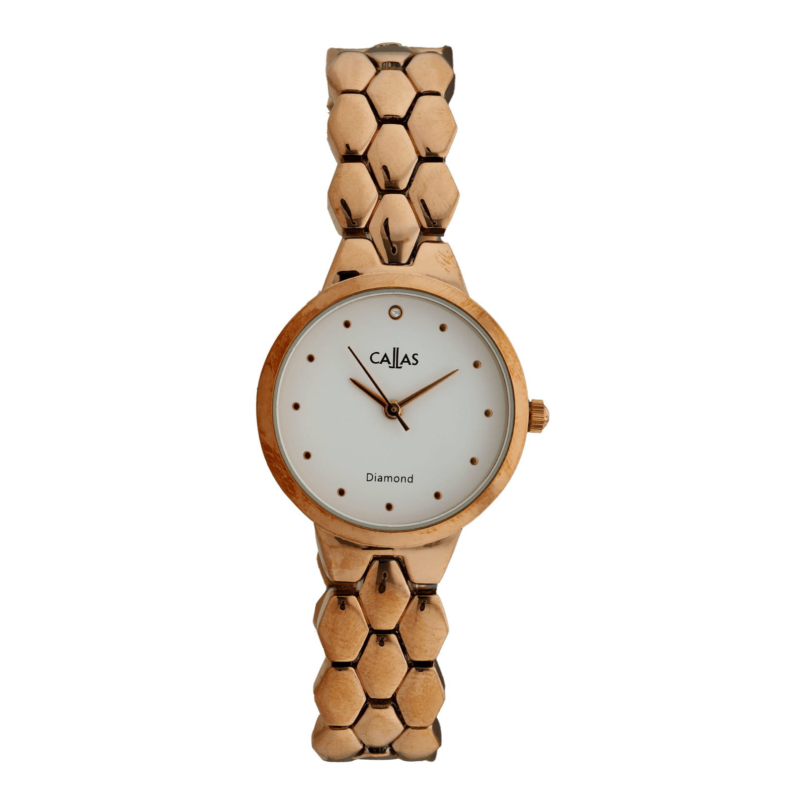 montre dame acier callas 28mm bracelet métal plaqué or rose cadran blanc 1 index diamant 3 atm