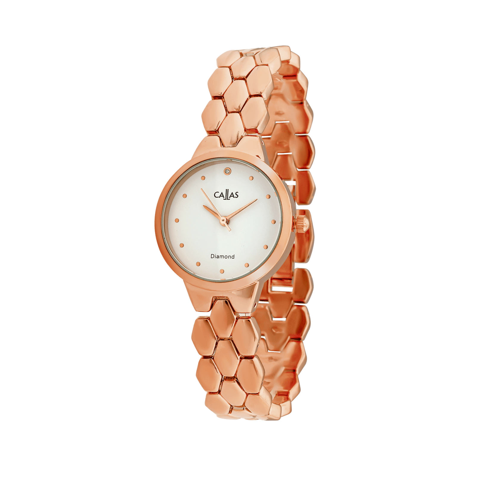 montre dame acier callas 28mm bracelet métal plaqué or rose cadran blanc 1 index diamant 3 atm