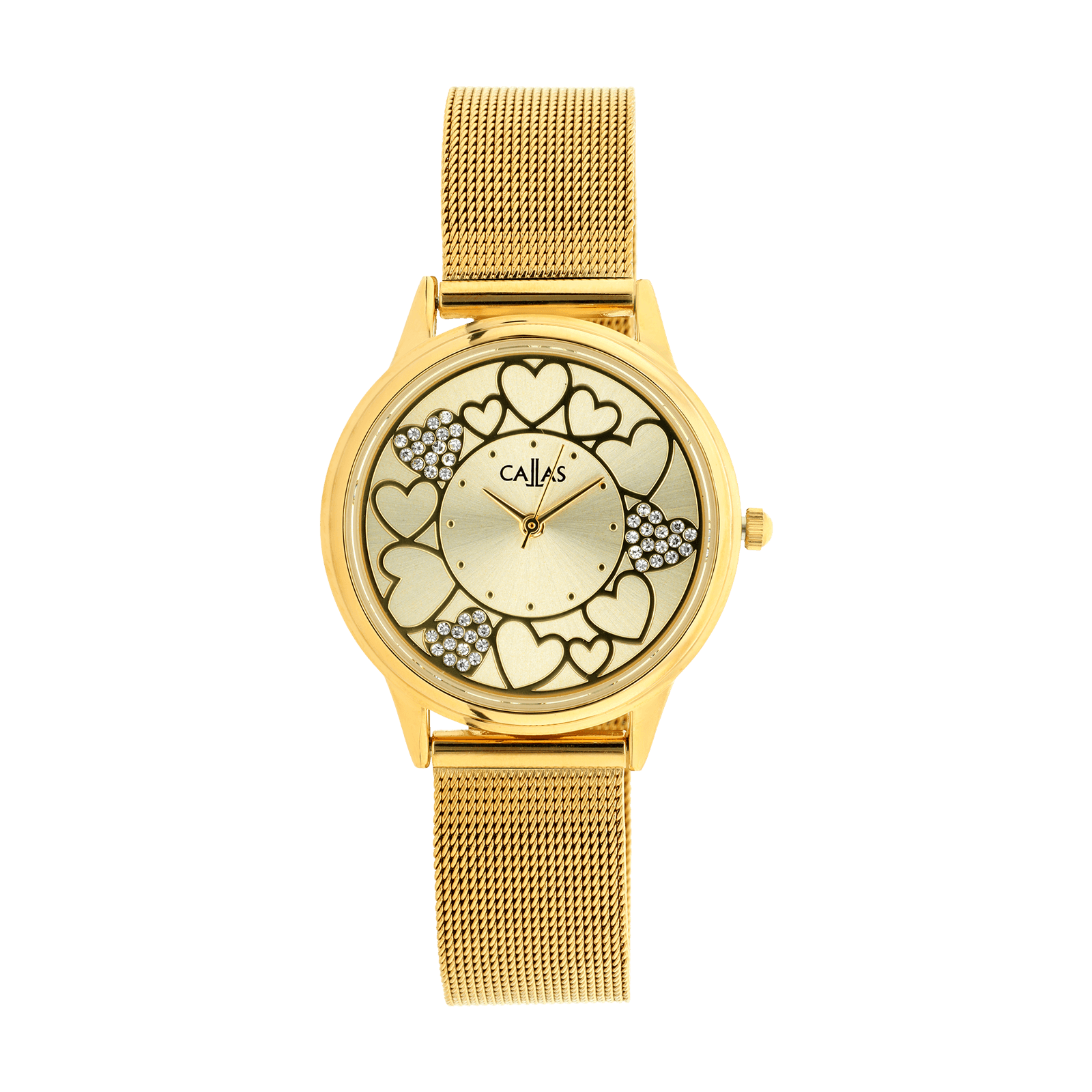 montre dame callas 34mm bracelet maille milanaise acier doré cadran champagne coeur et paillettes 3 atm