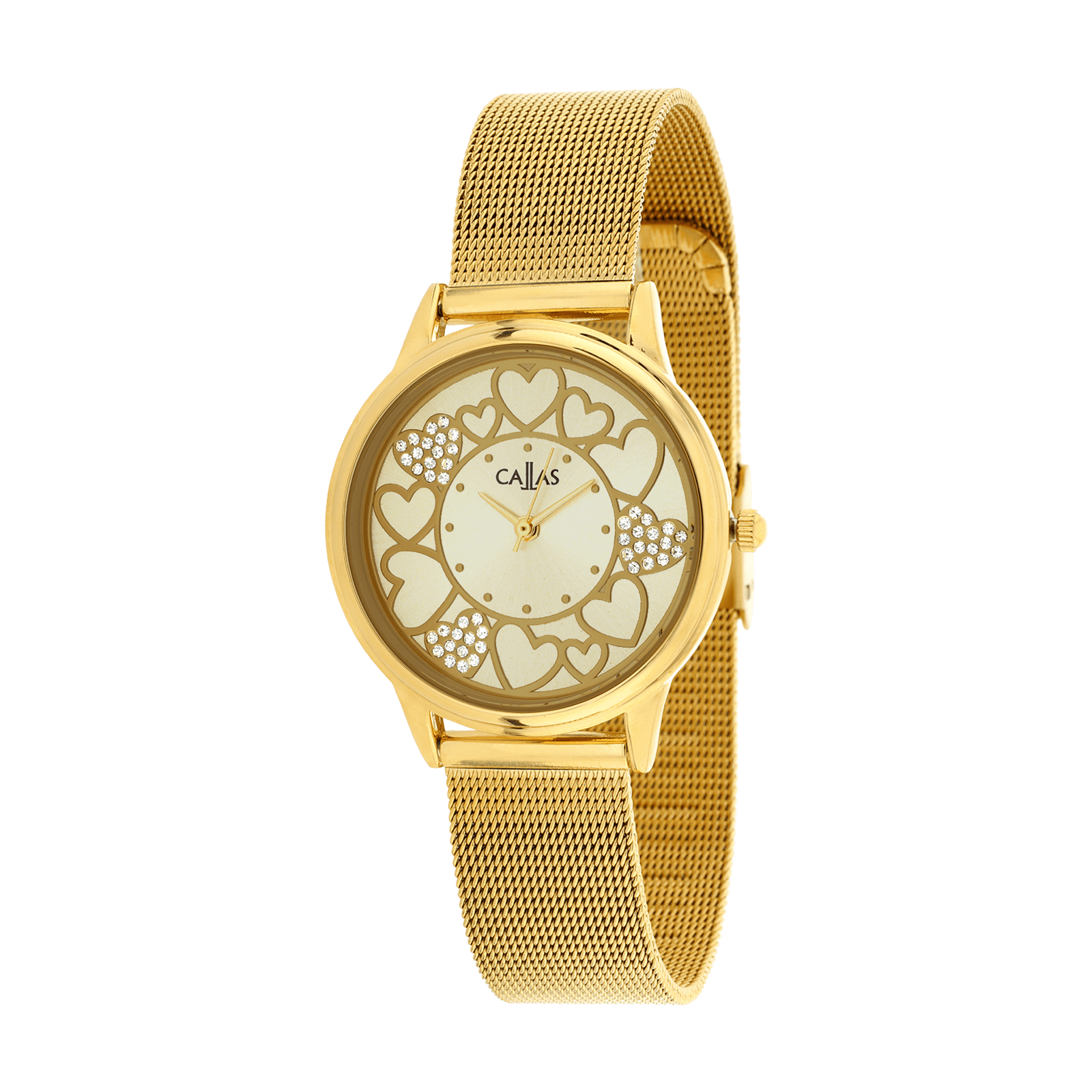 montre dame callas 34mm bracelet maille milanaise acier doré cadran champagne coeur et paillettes 3 atm