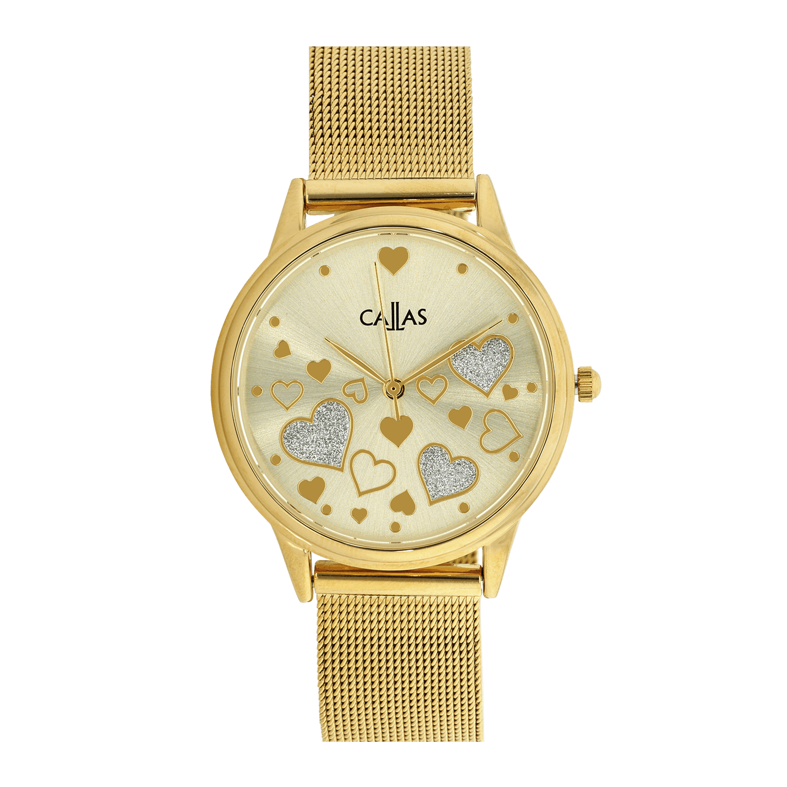 montre dame callas 34mm bracelet maille milanaise acier doré cadran champagne coeur et paillettes 3 atm
