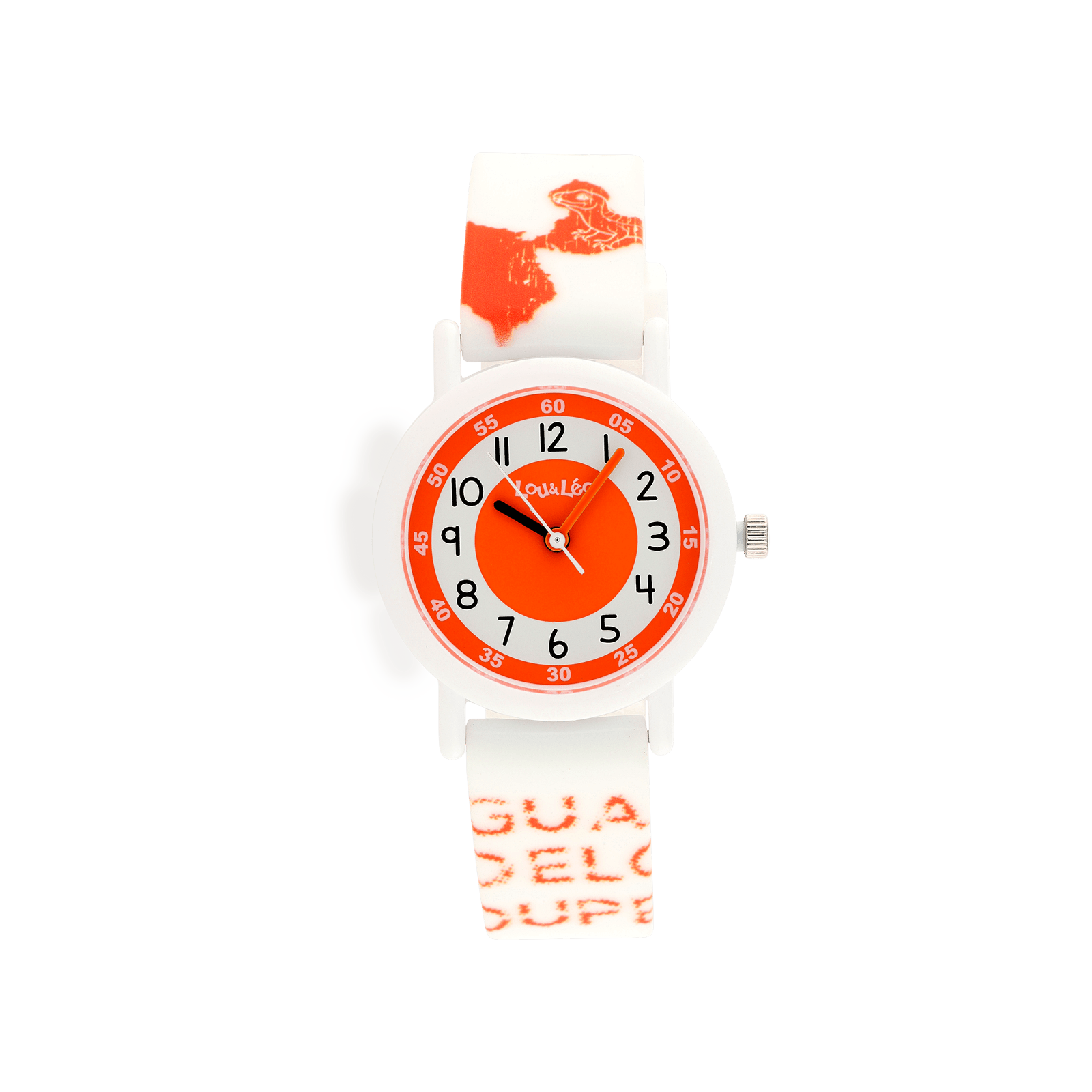 MONTRE ENFANT LOU&LEO BOITE PLASTIQUE BLANCHE CADRAN ORANGE & BLANC BRACELET PLAST IQUE BLANC CARTE GUADELOUPE ORANGE 3ATM