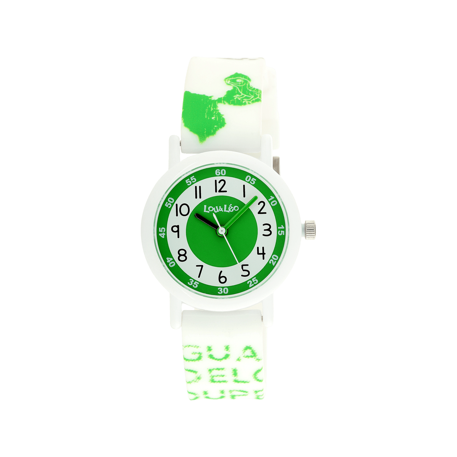 MONTRE ENFANT LOU&LEO BOITE PLASTIQUE BLANCHE CADRAN VERT & BLANC BRACELET PLASTIQUE BLANC CARTE GUADELOUPE VERTE 3ATM
