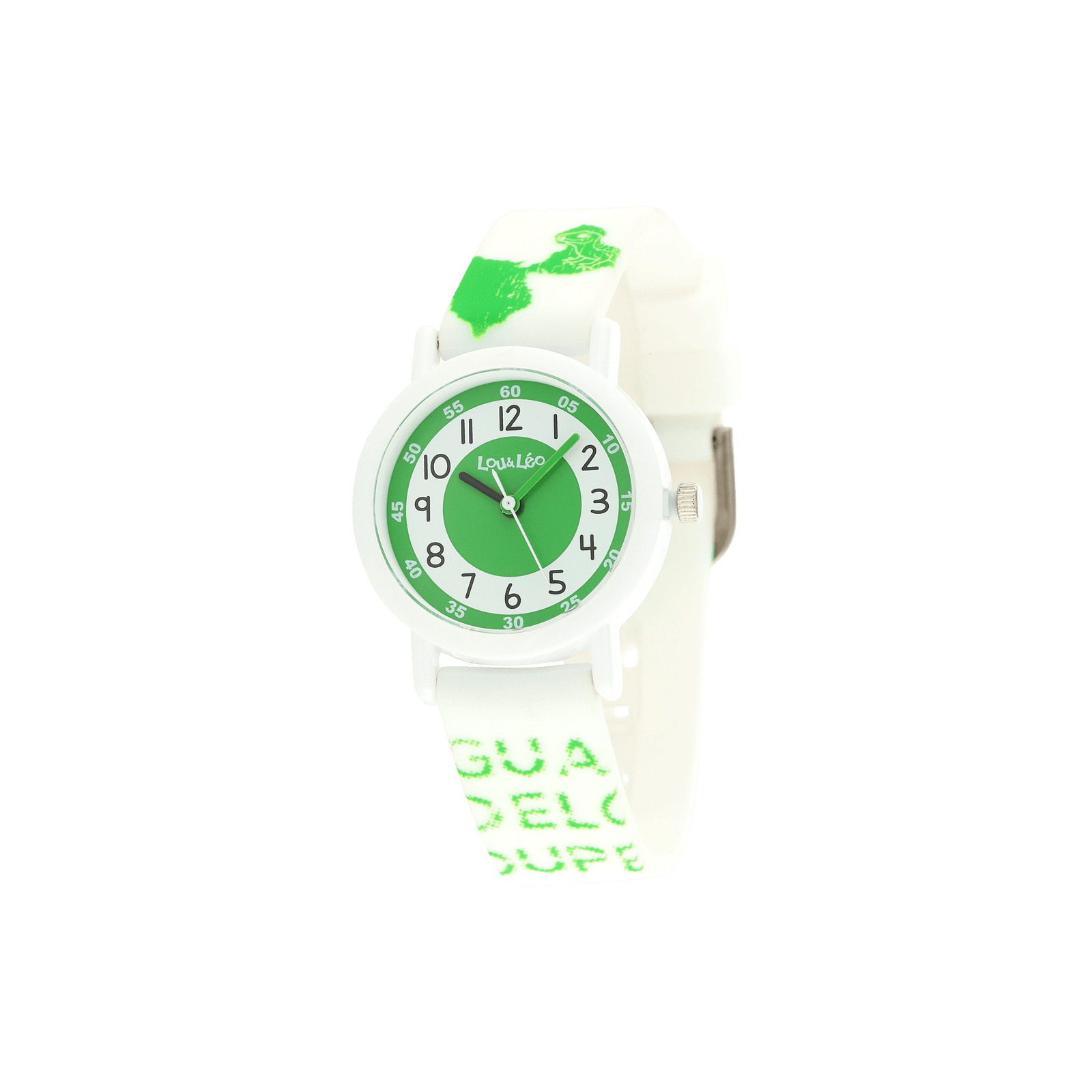 MONTRE ENFANT LOU&LEO BOITE PLASTIQUE BLANCHE CADRAN VERT & BLANC BRACELET PLASTIQUE BLANC CARTE GUADELOUPE VERTE 3ATM