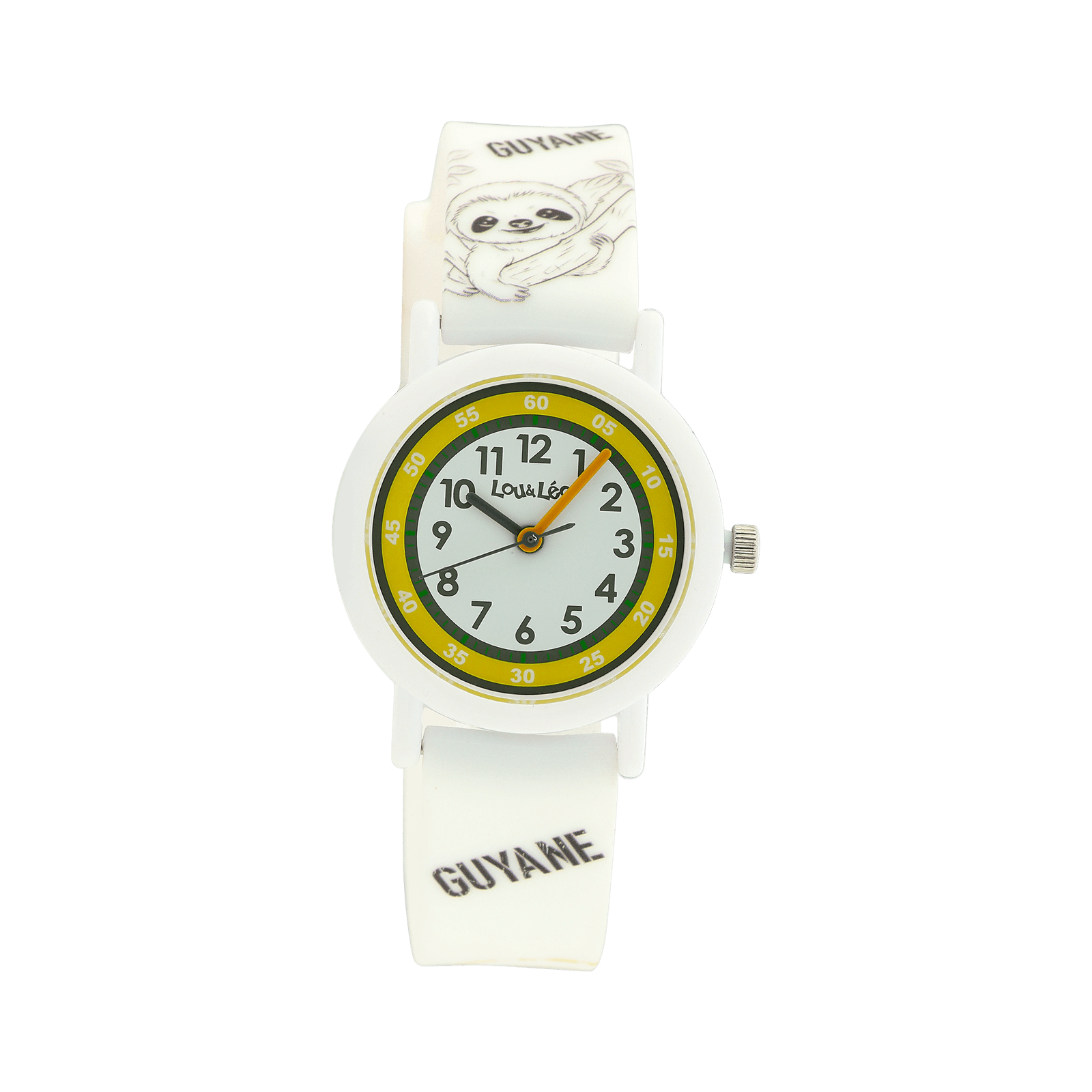 MONTRE ENFANT LOU&LEO BOITE PLASTIQUE BLANCHE CADRAN JAUNE & BLANC BRACELET PLASTIQUE BLANC PARESSEUX 3ATM