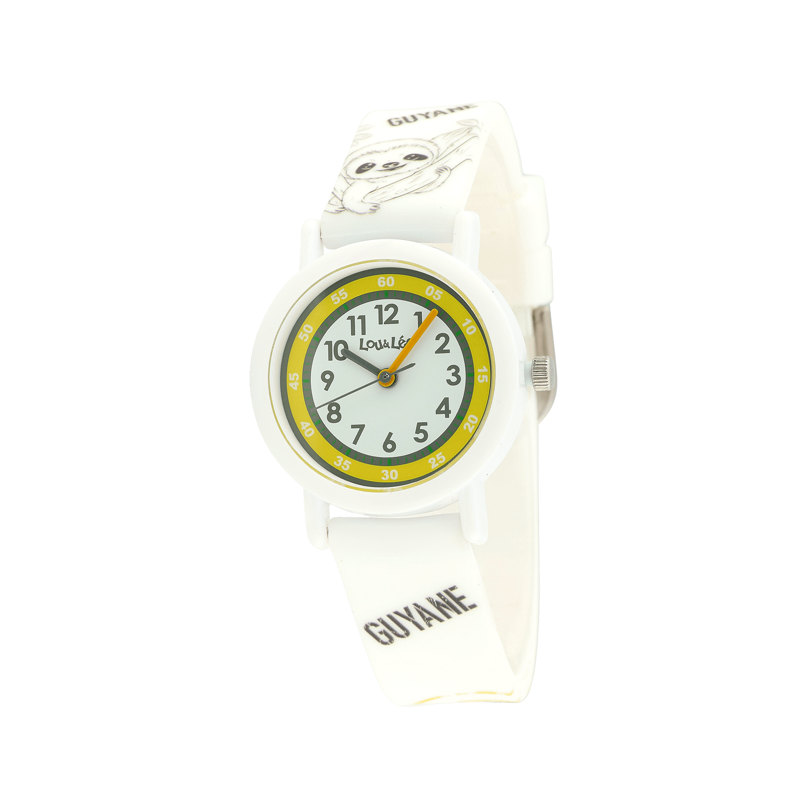 MONTRE ENFANT LOU&LEO BOITE PLASTIQUE BLANCHE CADRAN JAUNE & BLANC BRACELET PLASTIQUE BLANC PARESSEUX 3ATM