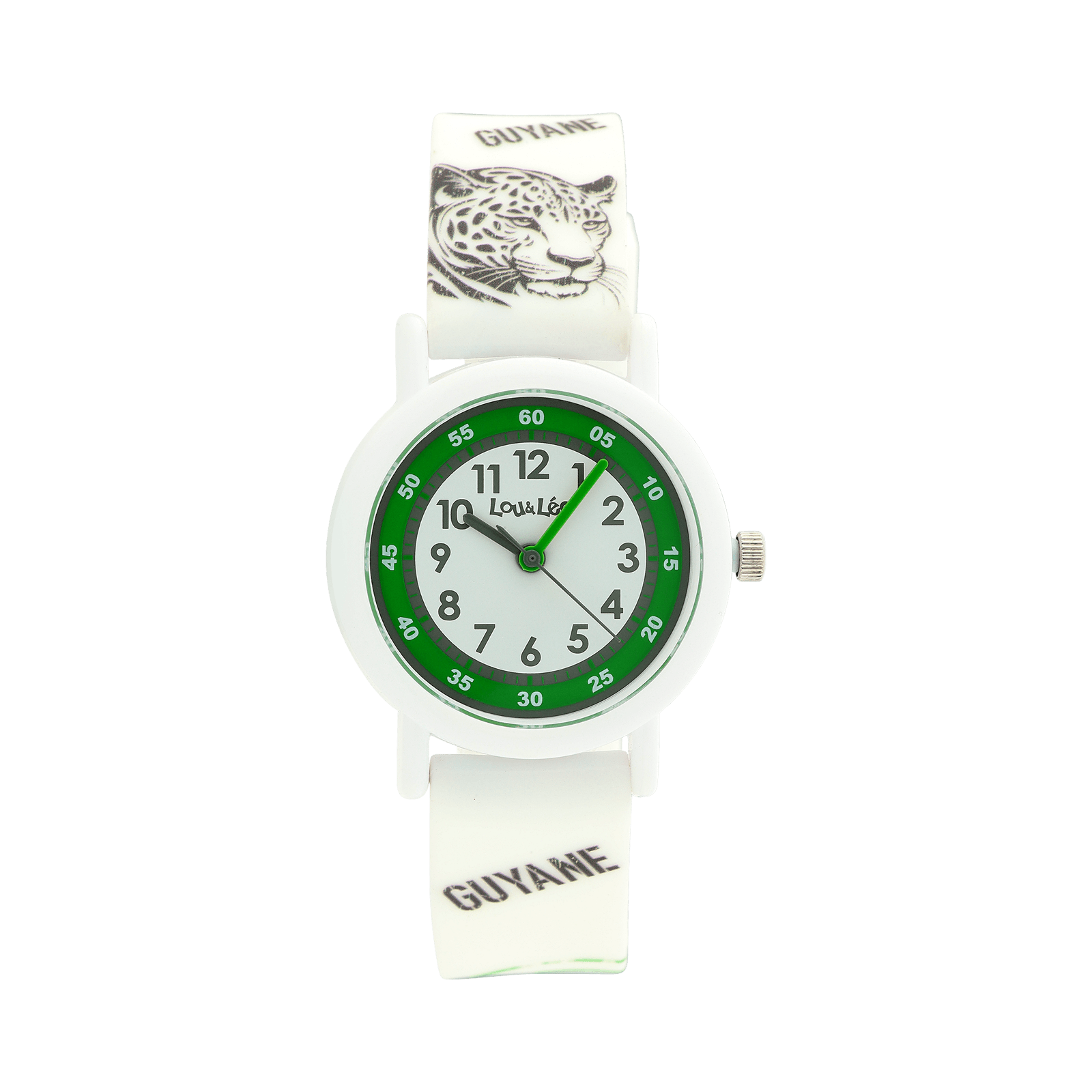 MONTRE ENFANT LOU&LEO BOITE PLASTIQUE BLANCHE CADRAN VERT & BLANC BRACELET PLASTIQUE BLANC JAGUAR 3ATM
