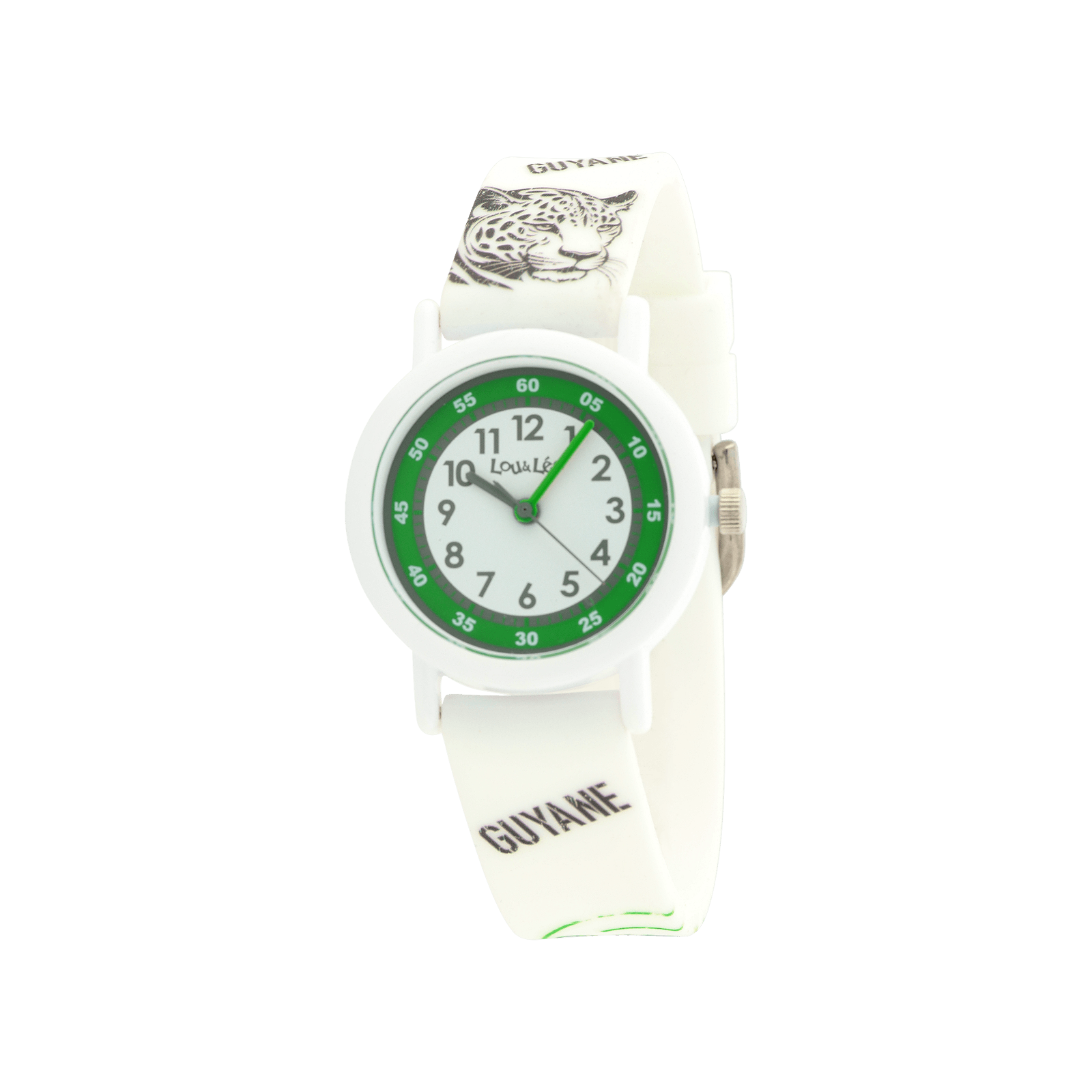 MONTRE ENFANT LOU&LEO BOITE PLASTIQUE BLANCHE CADRAN VERT & BLANC BRACELET PLASTIQUE BLANC JAGUAR 3ATM