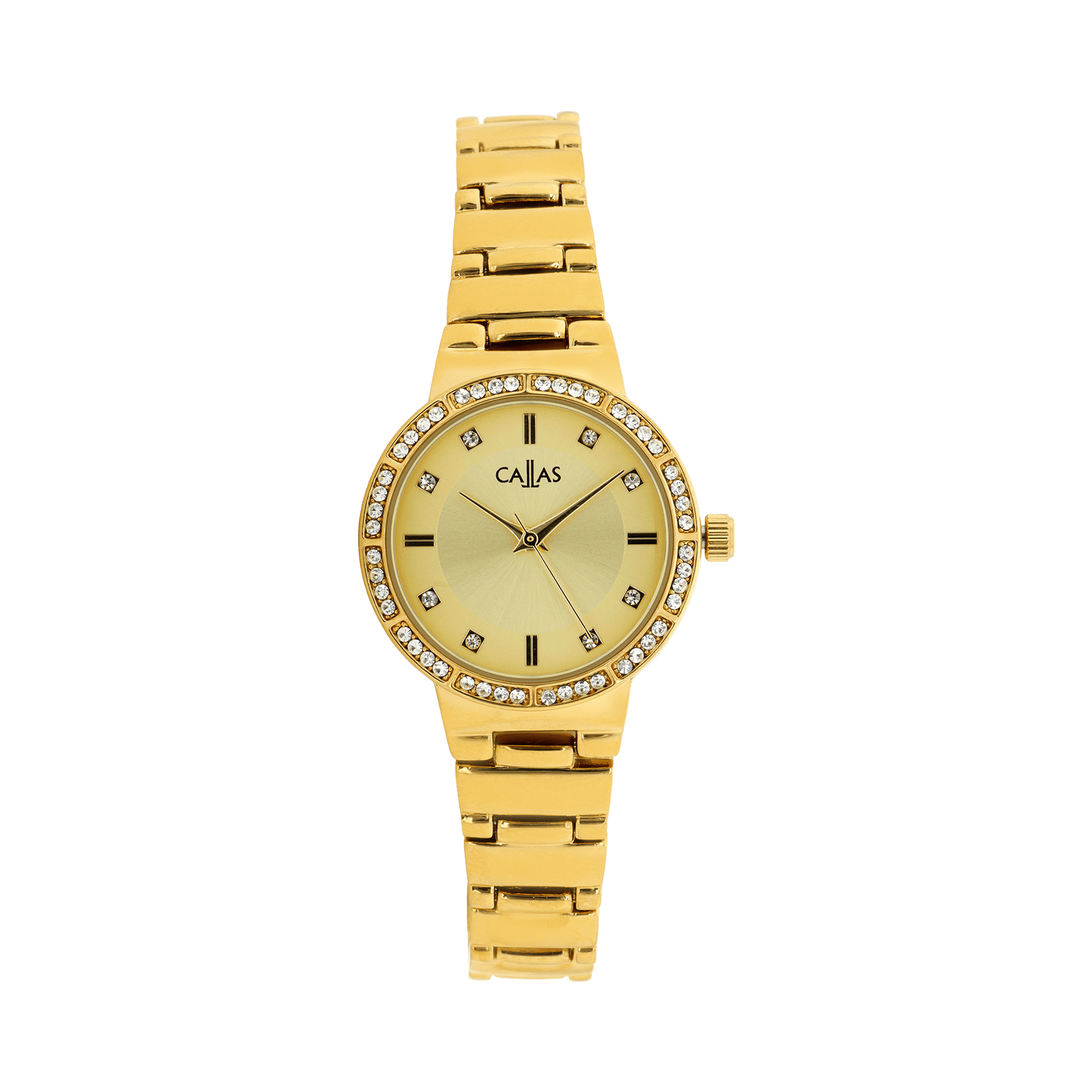 Montre Callas 28 millimètres Bracelet métal Acier doré Cadran champagne mat et sunray index bâton et pierre 3 atm