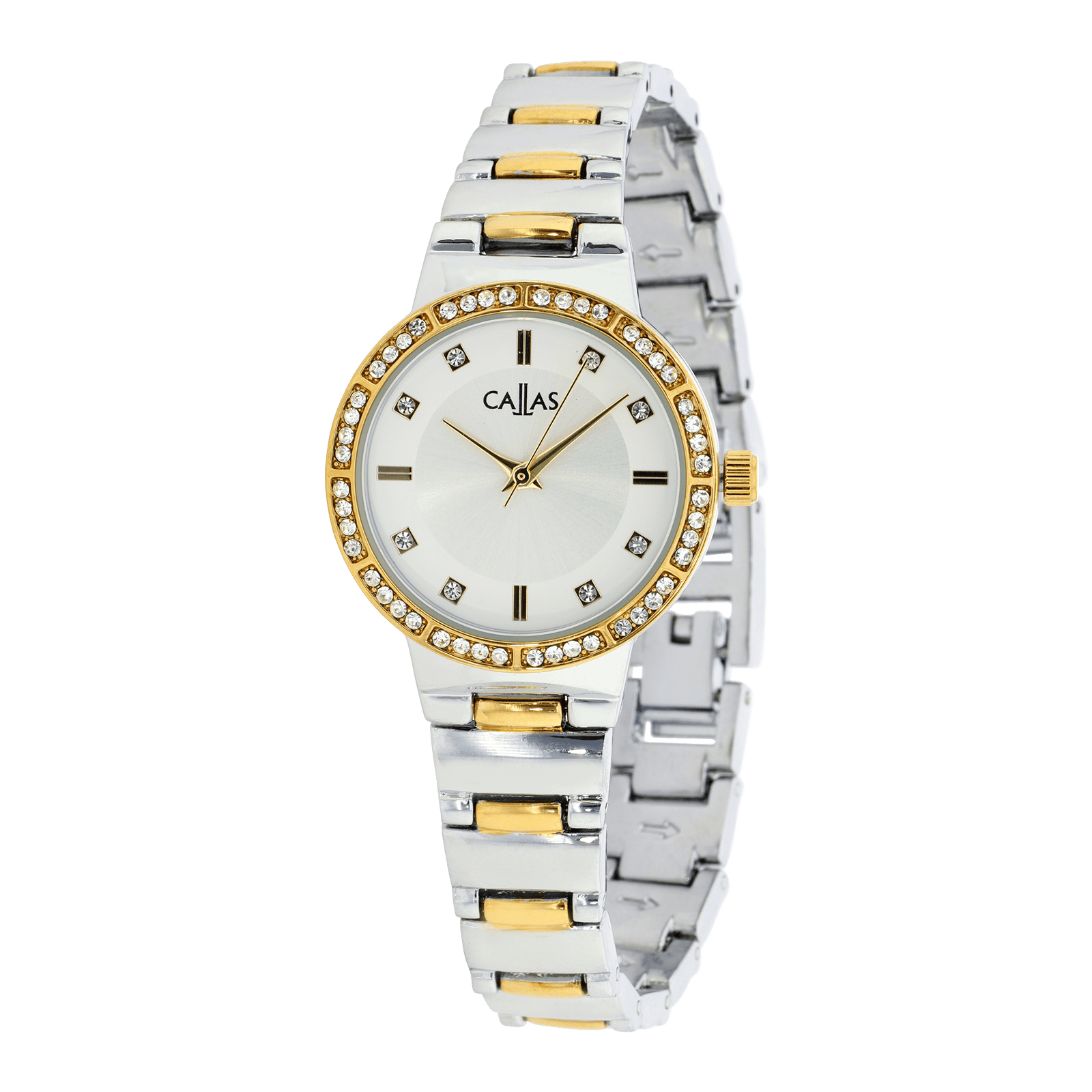 Montre Callas 28 millimètres Bracelet métal ips/Acier doré Cadran blanc et Argent sunray index bâton et pierre 3 atm