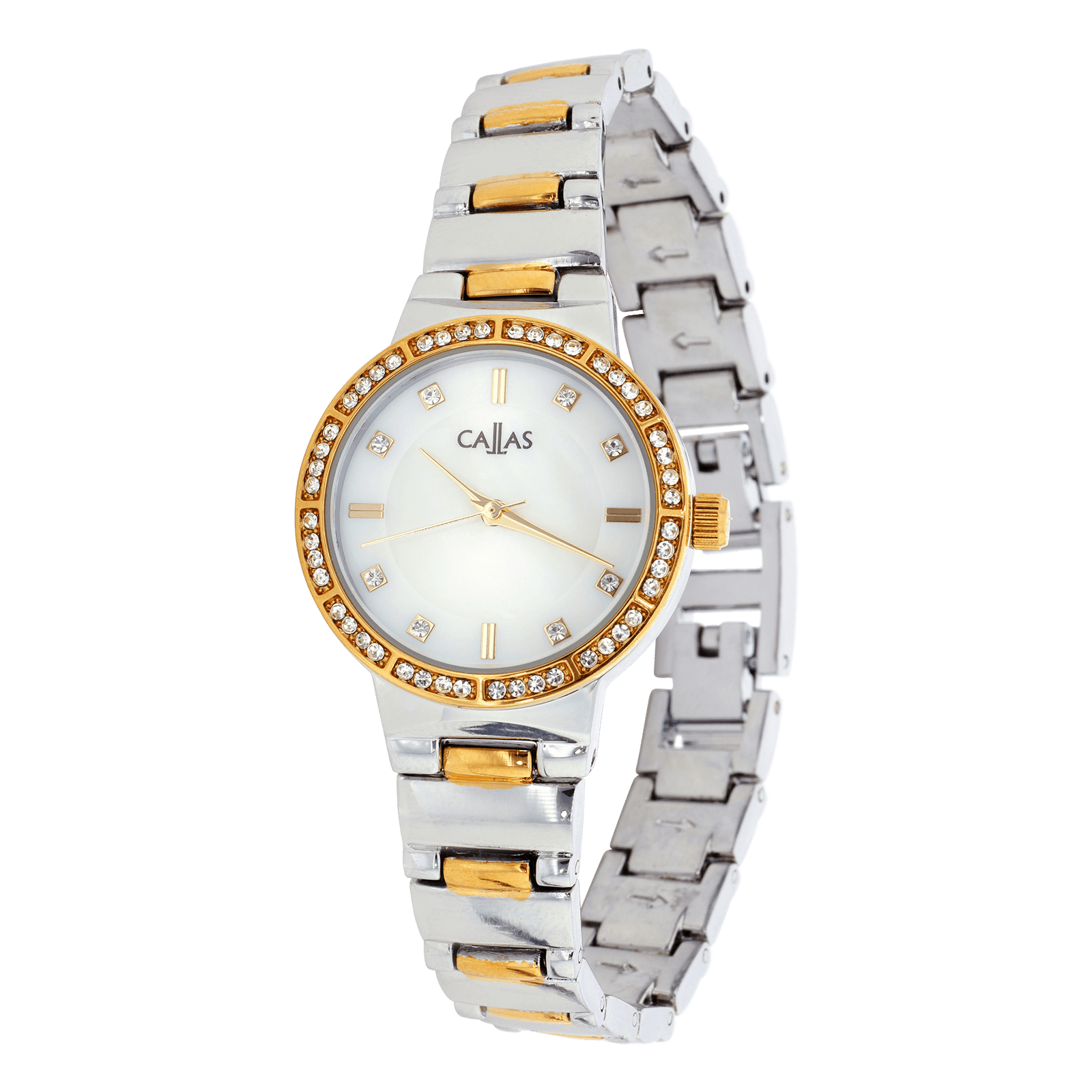 Montre Callas 28 millimètres Bracelet métal ips Acier doré Cadran blanc et nacre bâton et pierre 3 atm
