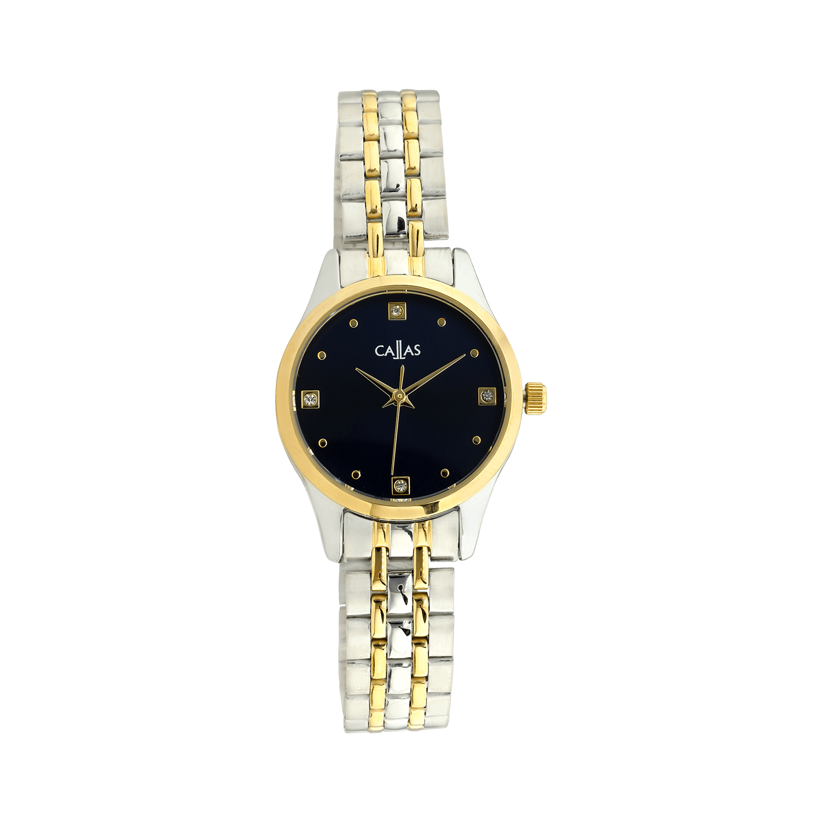 Montre Callas 26 millimètres Bracelet ips/Acier doré Cadran bleu sunray quatre index pierres 3 atm