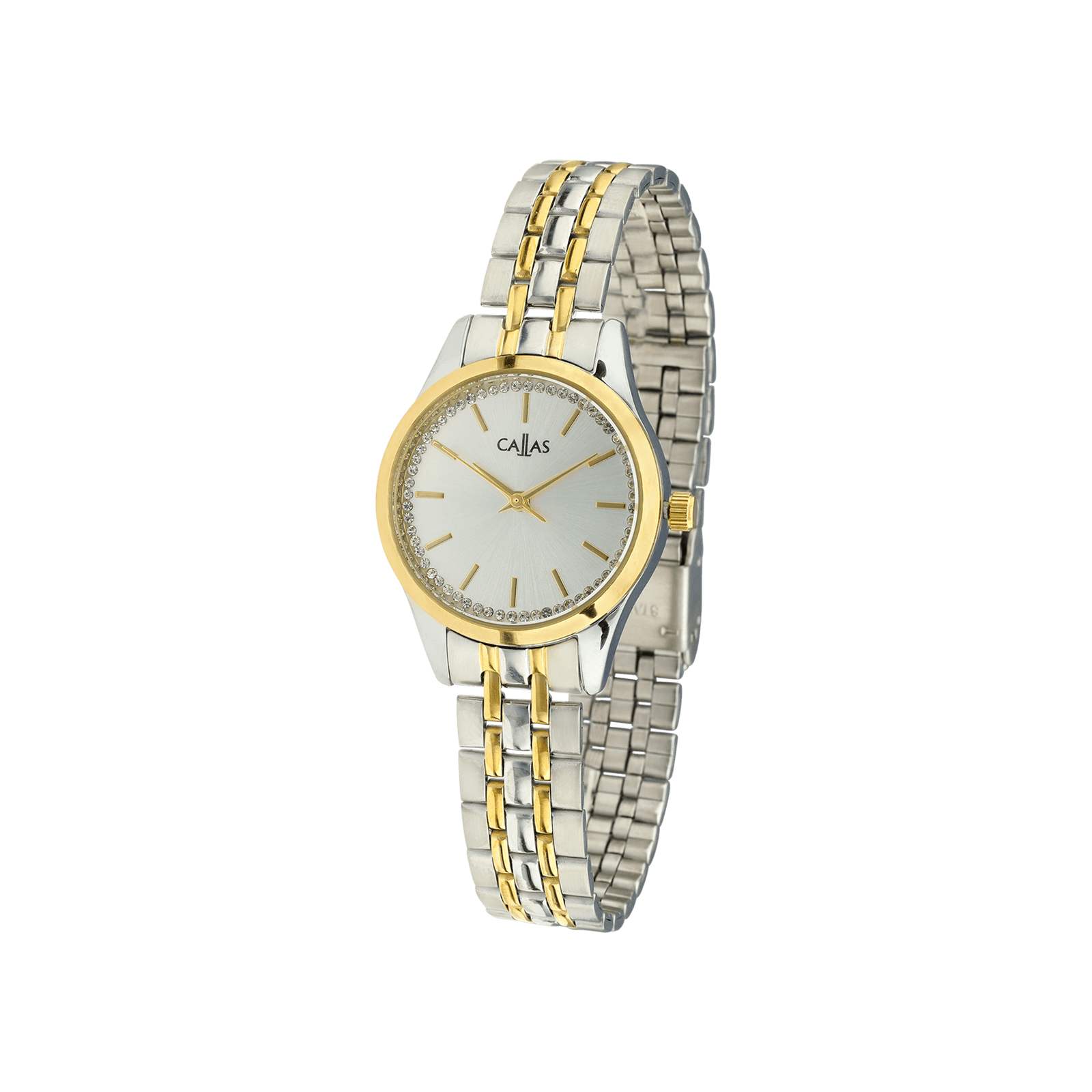 montre callas 26mm bracelet ips acier doré lunette doré cadran argent sunray sertie oxyde de zirconium 3 atm