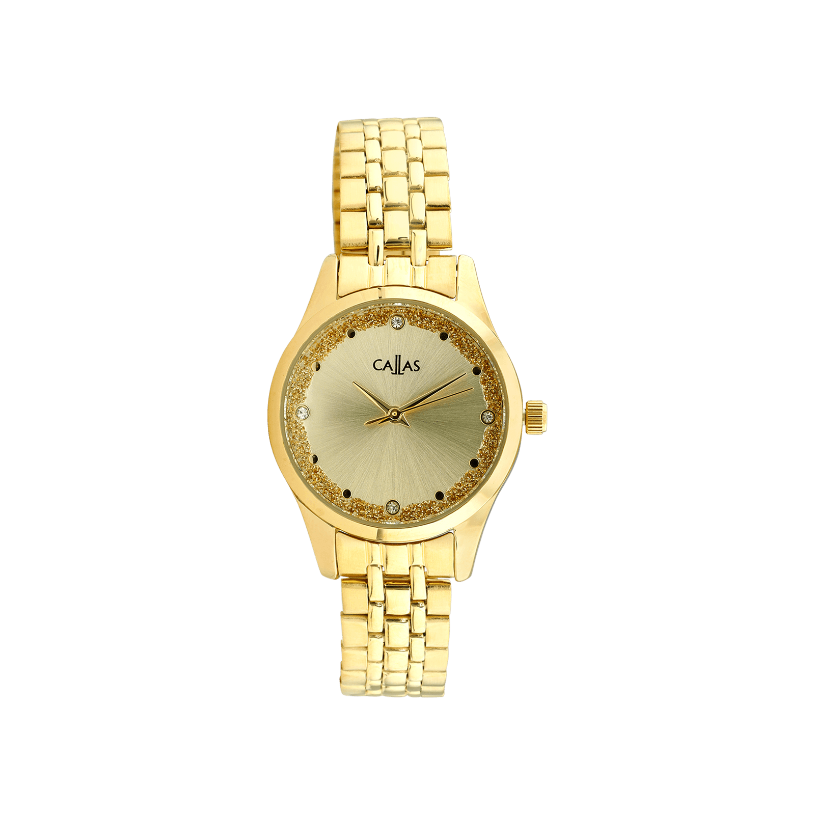 Montre Callas 26 millimètres Bracelet Acier doré Cadran champagne sunray 4 index pierres liseret paillettes 3 atm