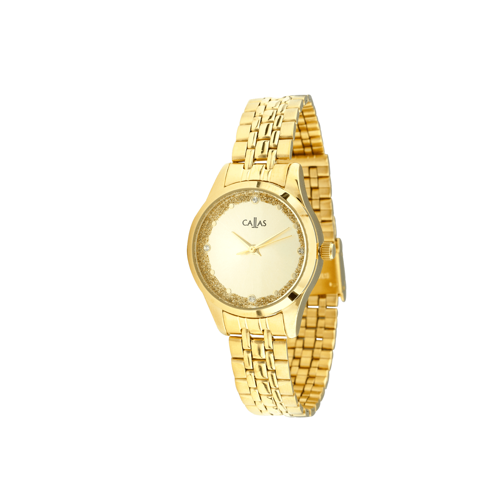 Montre Callas 26 millimètres Bracelet Acier doré Cadran champagne sunray 4 index pierres liseret paillettes 3 atm