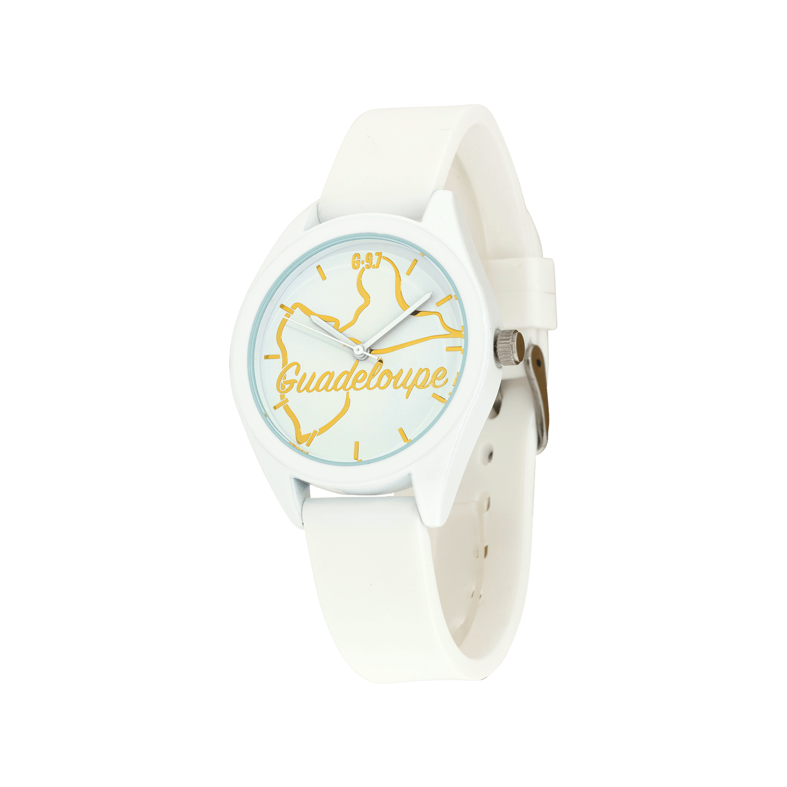 montre femme g97 carte guadeloupe dorée cadran blanc 36mm brac silicone 15.5mm 3atm
