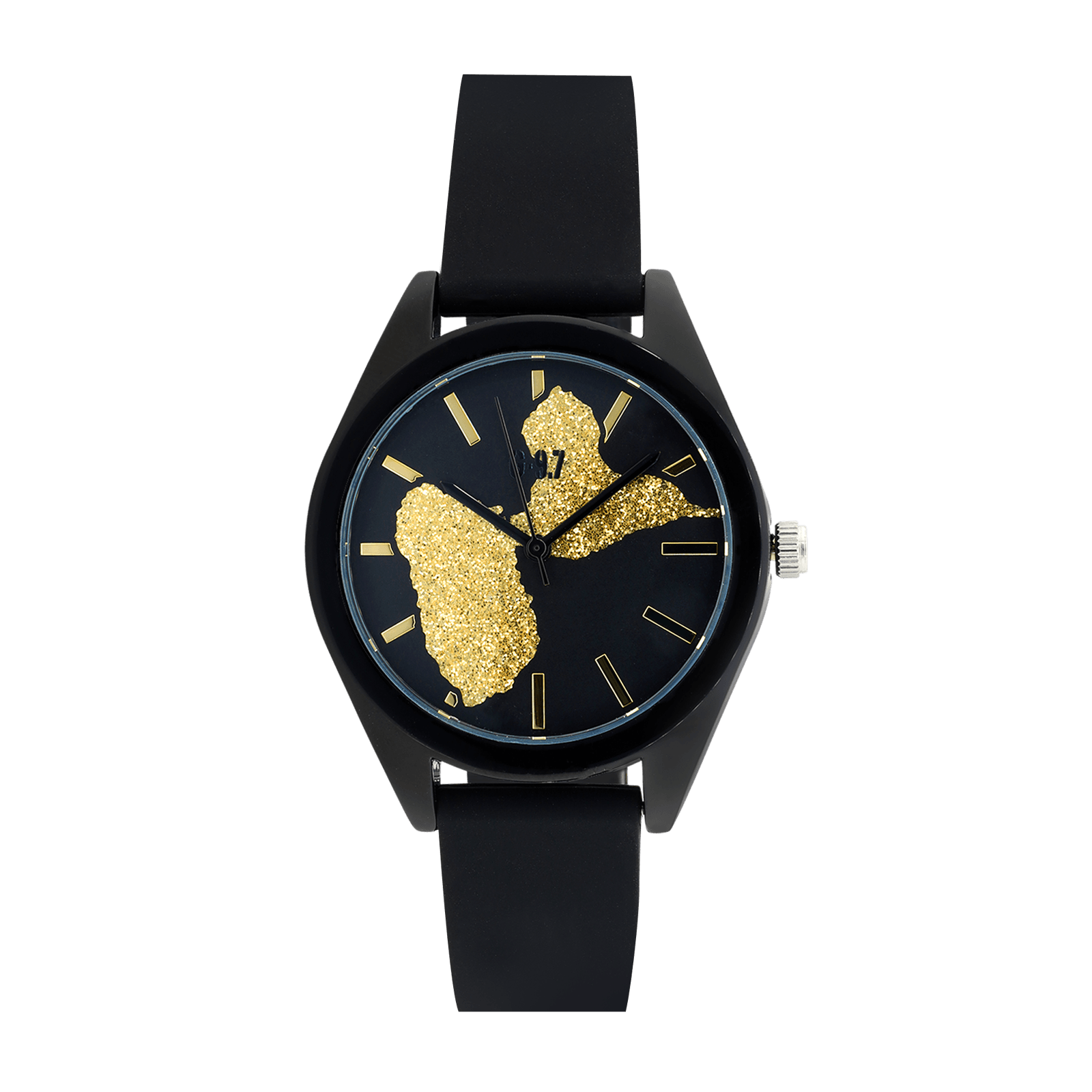 Montre Unisexe G97 Carte Guadeloupe Dorée Cadran Noir 36mm Brac Silicone Noir 15.5mm 3ATM