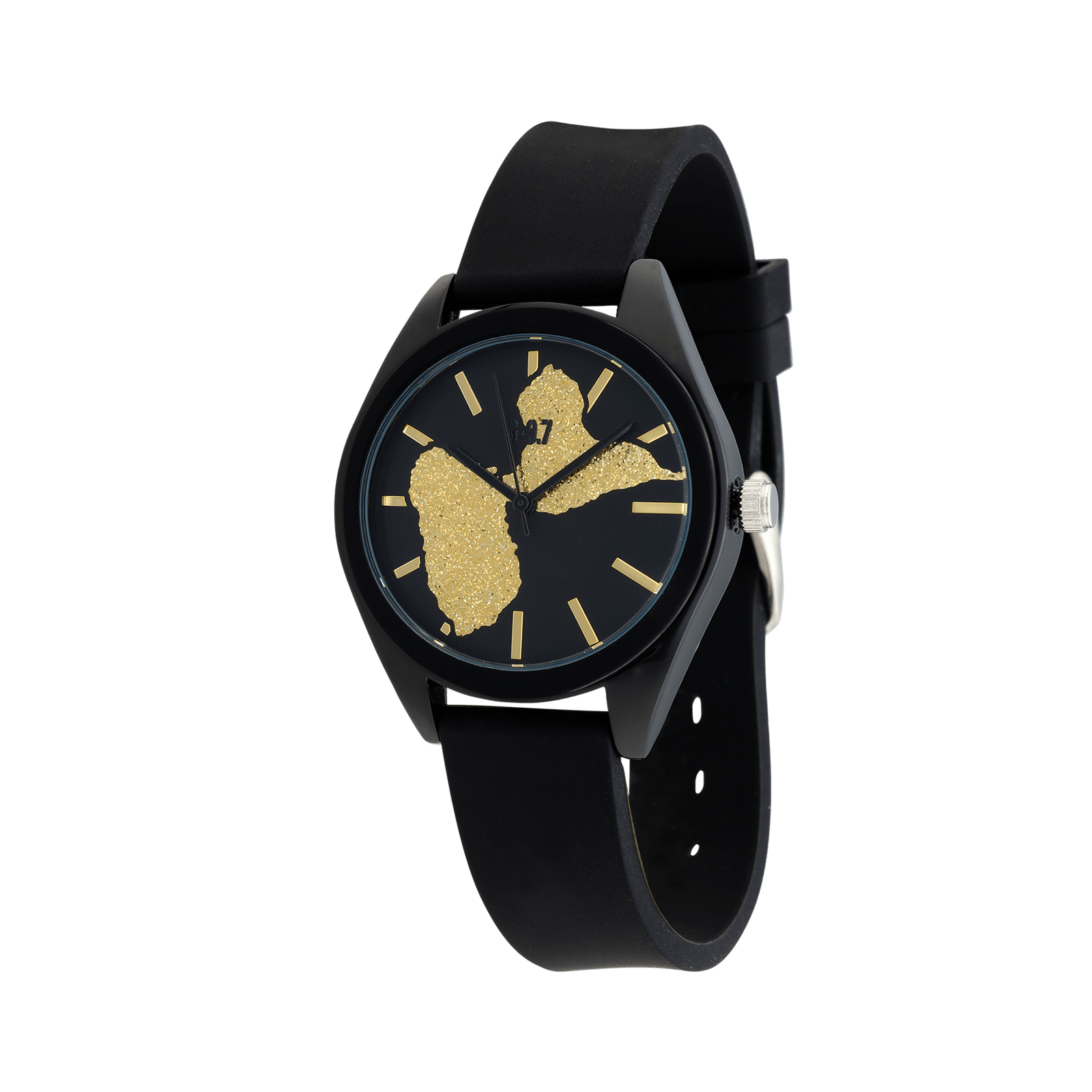Montre Unisexe G97 Carte Guadeloupe Dorée Cadran Noir 36mm Brac Silicone Noir 15.5mm 3ATM