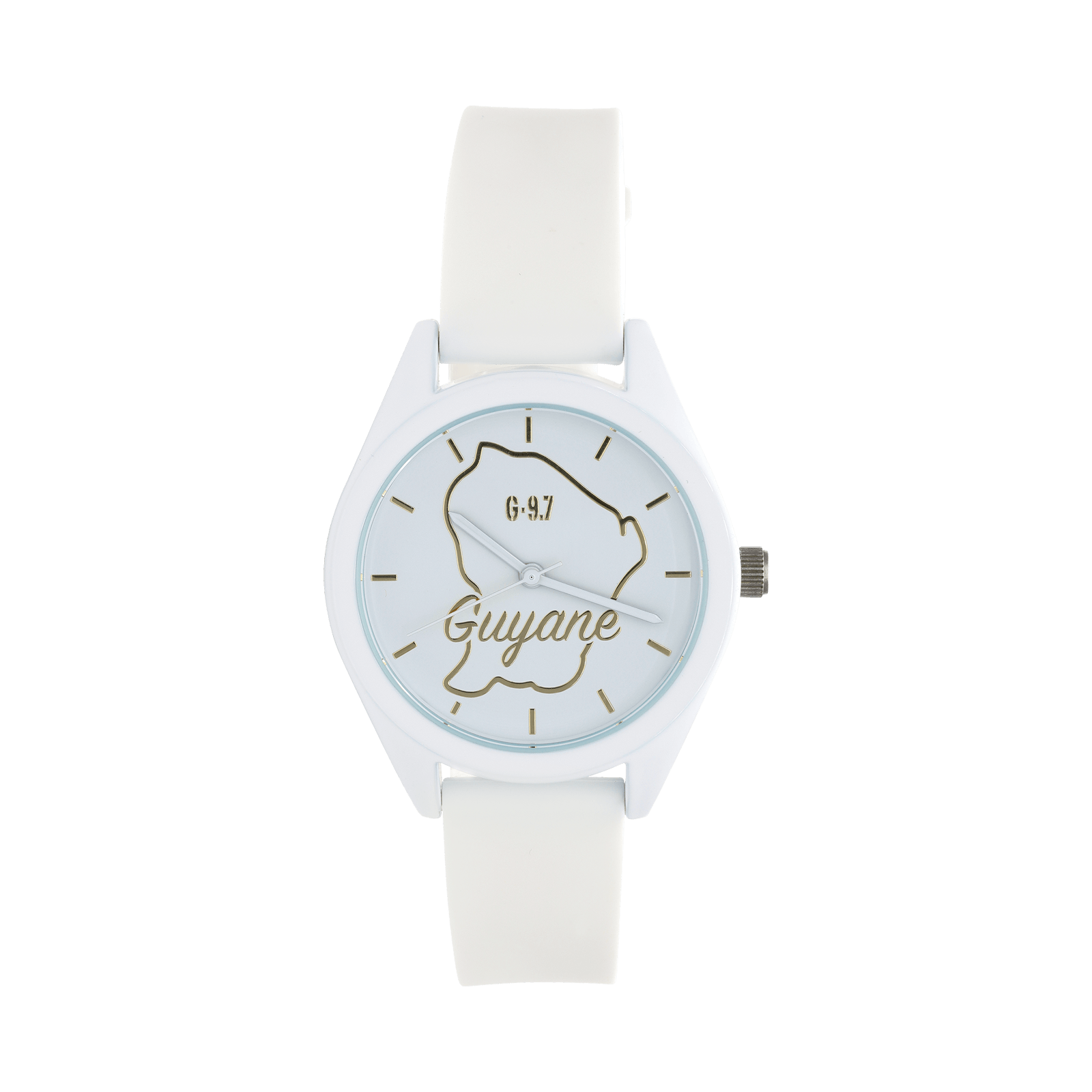 montre femme G97 carte guyane dorée cadran blanc 36mm bracelet silicone