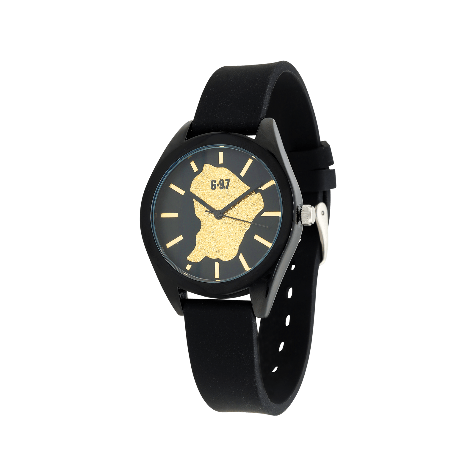 Montre Femme G97 Carte Guyane Dorée Cadran noir 36mm Bracelet Silicone noir 15.5mm 3ATM